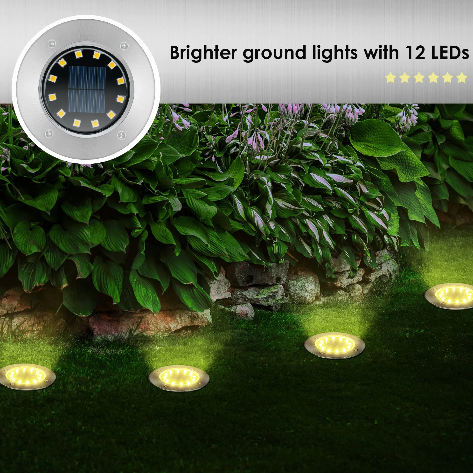 Solpex Zestaw 8 sztuk solarnych lamp gruntowych do ogrodu, 12 diod LED, Ciepła biel, ze stali nierdzewnej, wodoszczelne, na taras, trawnik, podwórko, chodnik