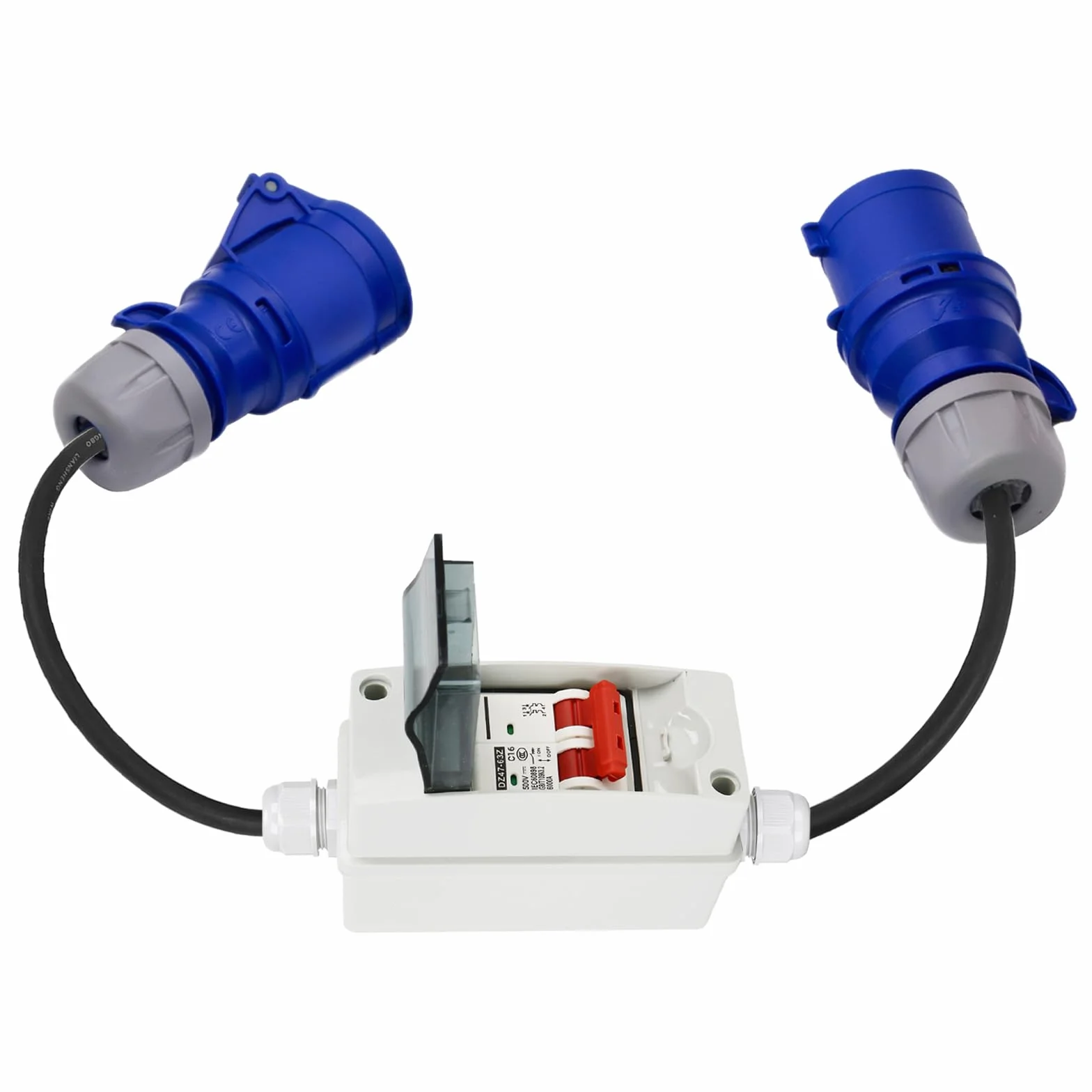 CEE Adapter 32 A na 16 A, 3P z falownikiem fazowym, CEE, adapter prądu silnego 32 A, wtyczka do złącza 16 A, z wyłącznikiem nadmiarowym, przedłużony kabel (niebieski)