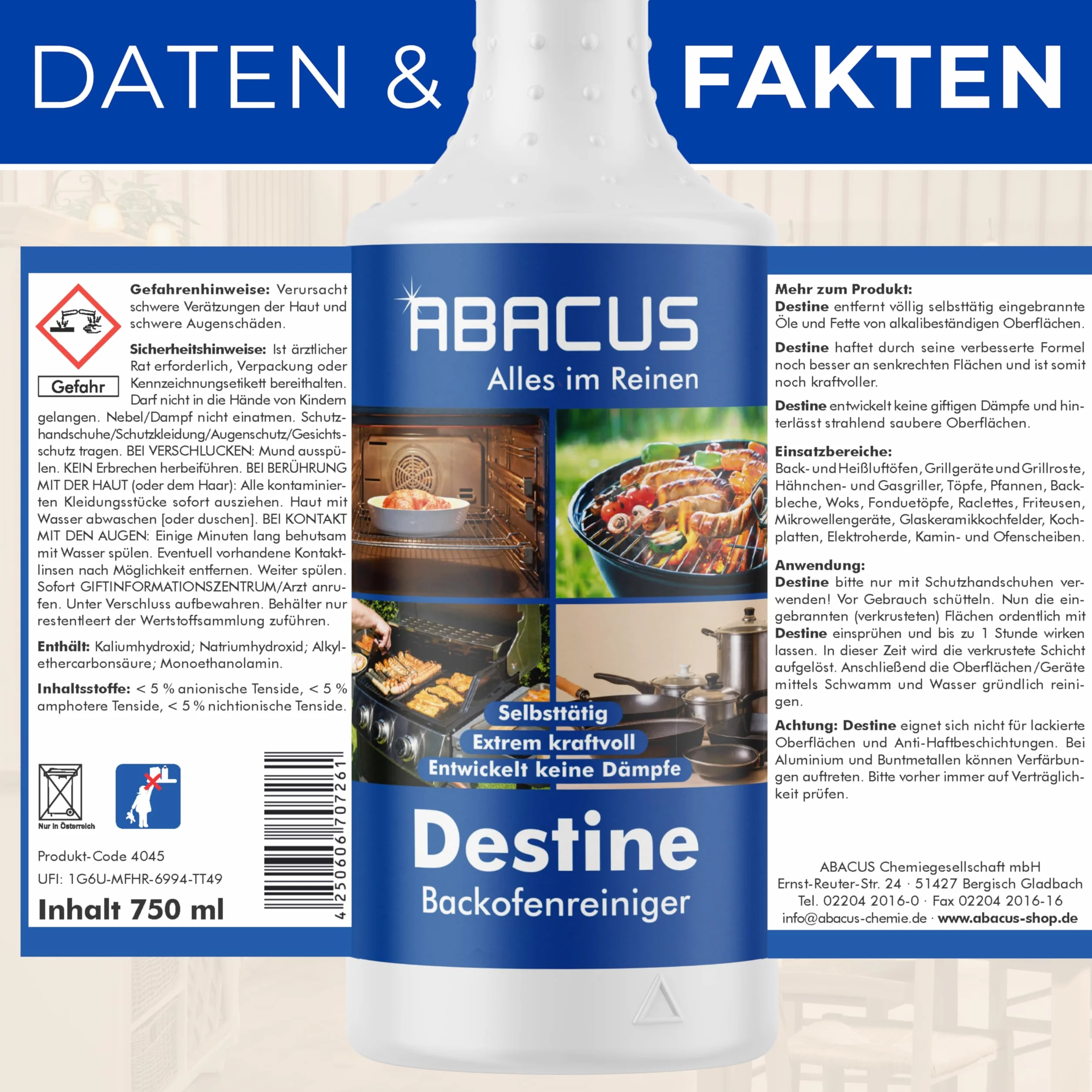 ABACUS® Środek do czyszczenia piekarnika, grilla, piekarnika, piekarnika, grilla, 750 ml, gotowy do użycia (4045)