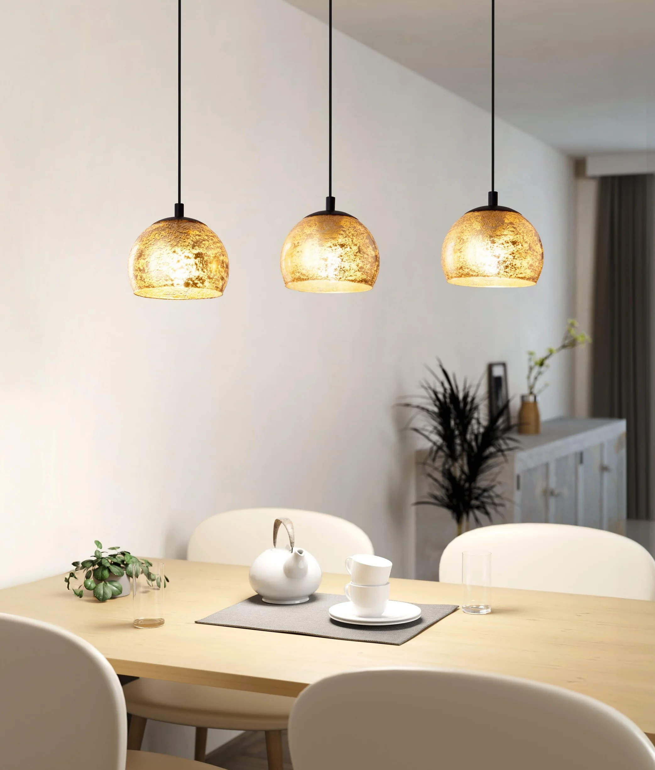EGLO lampa wisząca Alabraccin, 3-punktowa lampka wisząca stół jadalny | z metalu w kolorze czarnym i szkła w kolorze złotym, oświetlenie do jadalni, oprawka E27, 78 cm