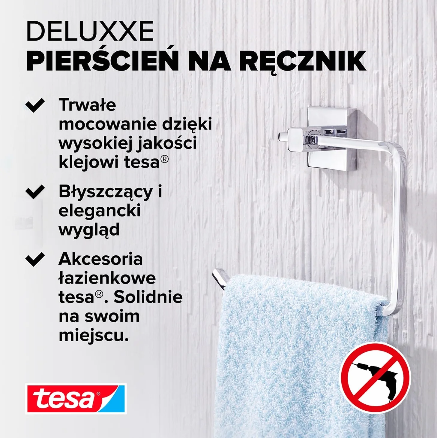 tesa DELUXXE wieszak na ręczniki samoprzylepny metalowy chromowany 156 mm x 185 mm x 45 mm