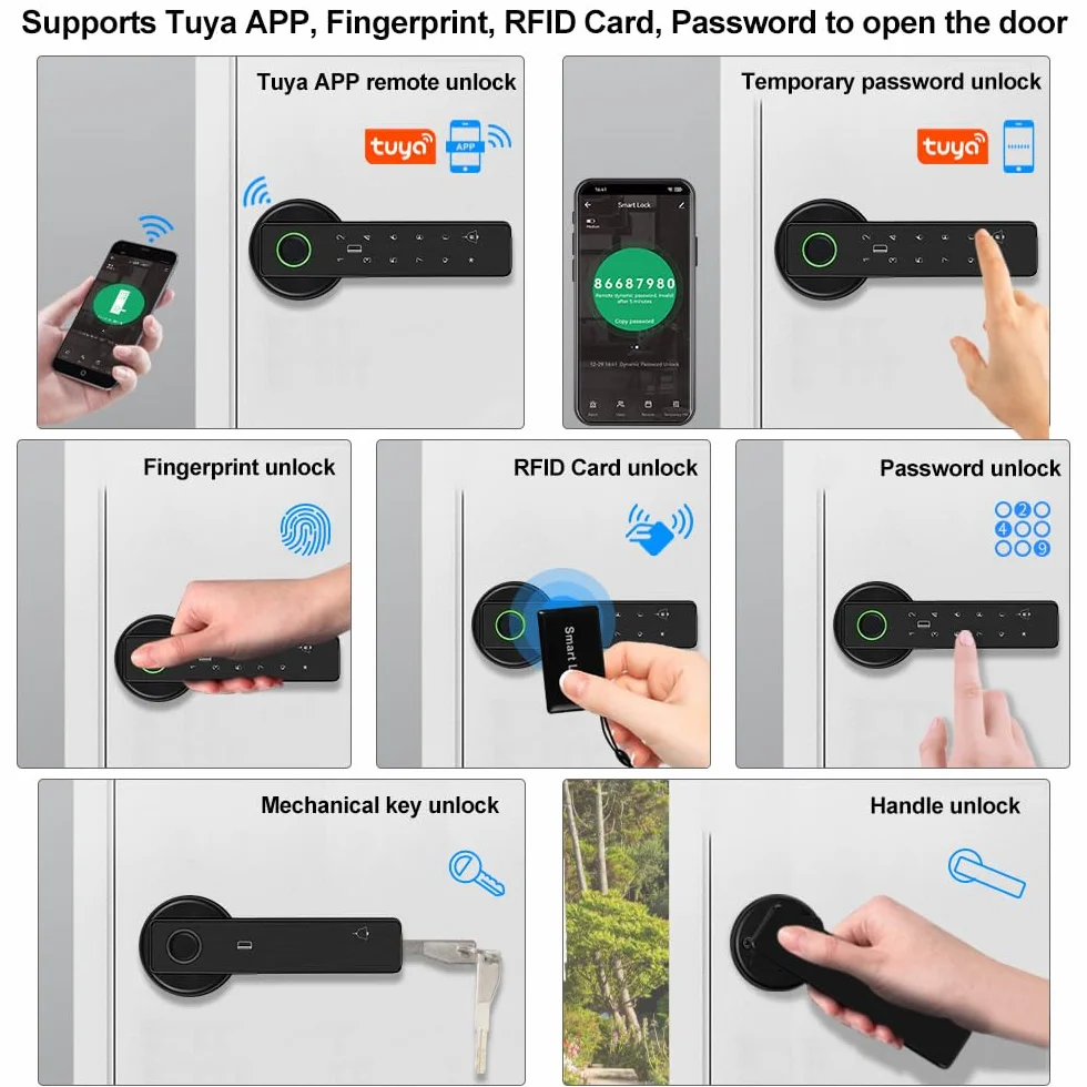 WiFi Tuya inteligentny zamek do drzwi, odcisk palca, biometryczny, cyfrowy, elektroniczne zamki 13,56 MHz, karta RFID IC, bez kluczy, aplikacja, hasło, zdalne odblokowanie, uchwyt zamka drzwi