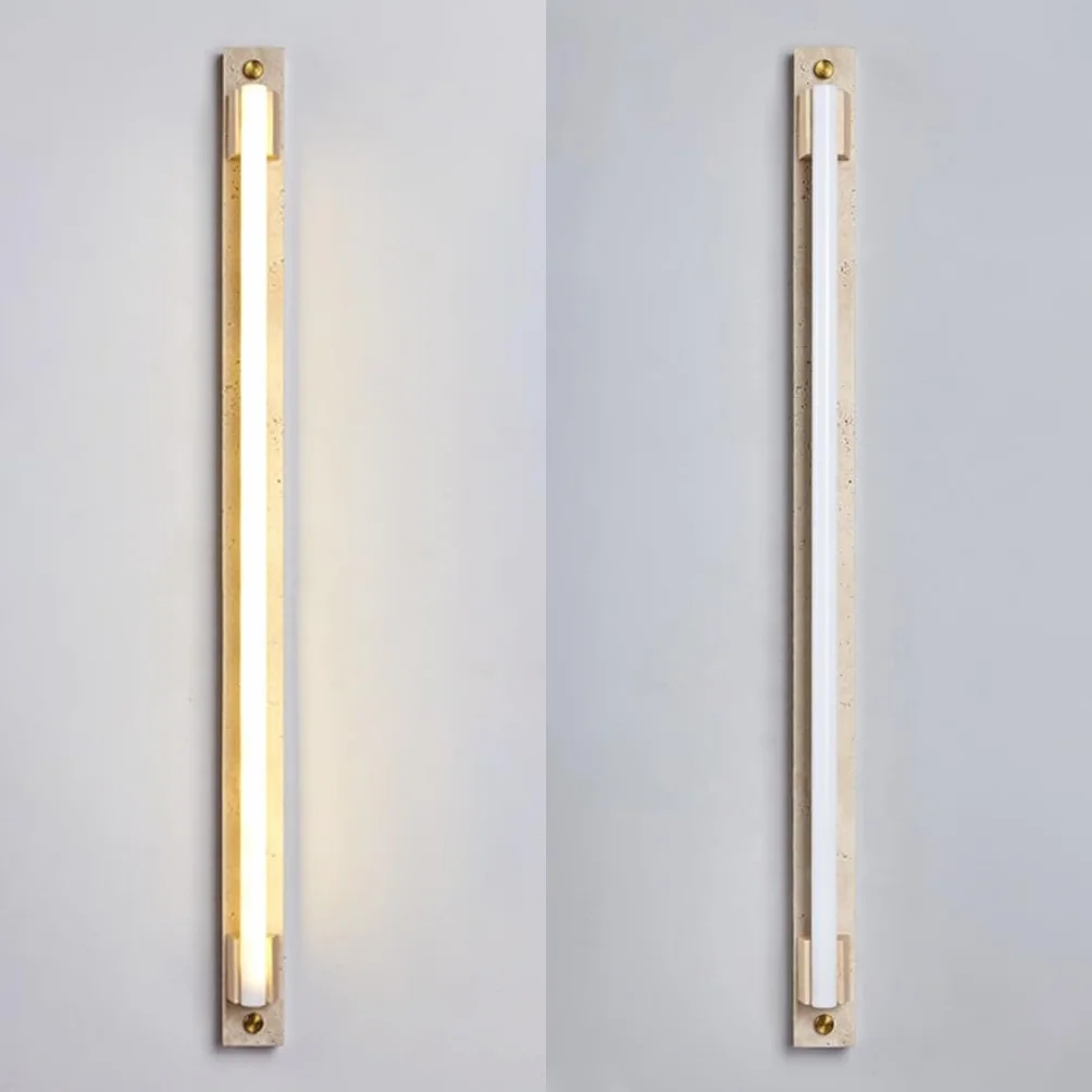 YUPIN Wabi Sabi Minimalistyczna Lampa Ścienna Z Trawertynu Długa LED Lampa Ścienna Z Naturalnego Kamienia Z Drewnianą Nowoczesna Liniowa Kinkiet W Skandynawskim Do Salonu Korytarza Sypialni(B,100cm)
