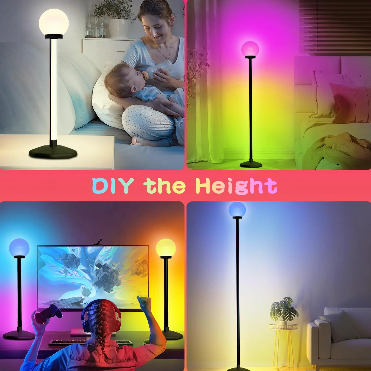 KingSom Lampa podłogowa LED, 175 cm, lampa narożna RGBW ze światłem kulistym, inteligentna lampa podłogowa z pilotem i aplikacją Bluetooth, 16 milionów kolorów, synchronizacja muzyki, nowoczesna lampa