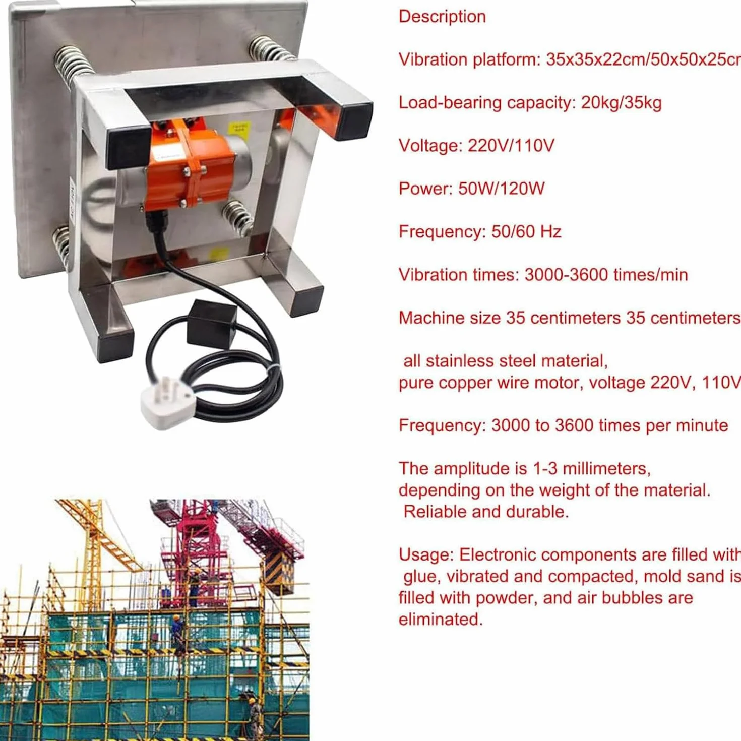 Betonowy stół wibracyjny 30CM/50CM, AC 110V/220V Mini stanowisko do testów wibracyjnych blok testowy platforma wibracyjna ze stali nierdzewnej,50 * 50cm