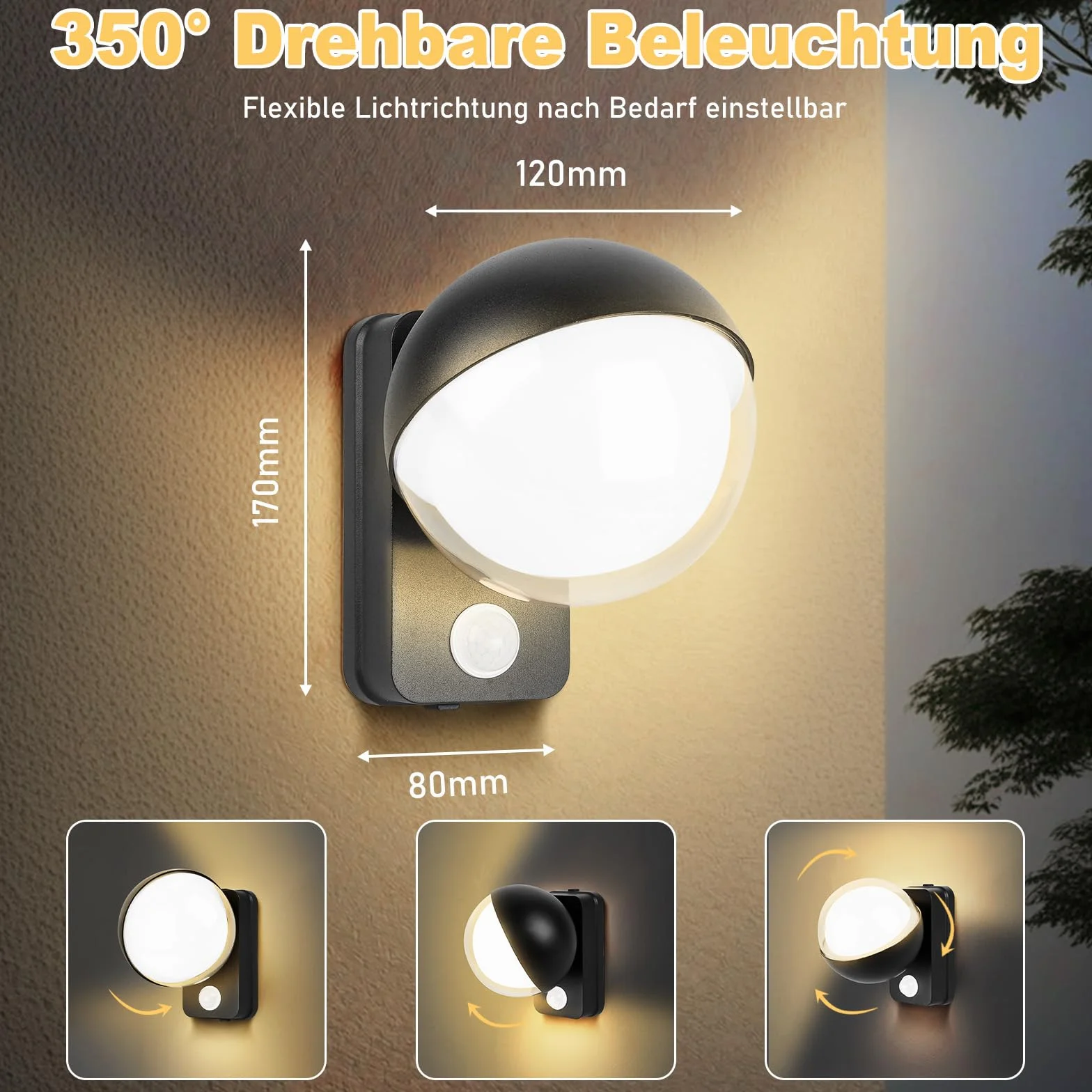GBKDQQ Zewnętrzna lampa ścienna zewnętrzna z czujnikiem ruchu, 18 W, lampa zewnętrzna LED, ciepła biel, 3000 K, lampa ścienna, zewnętrzna, regulowany strumień światła, na balkon, do ogrodu