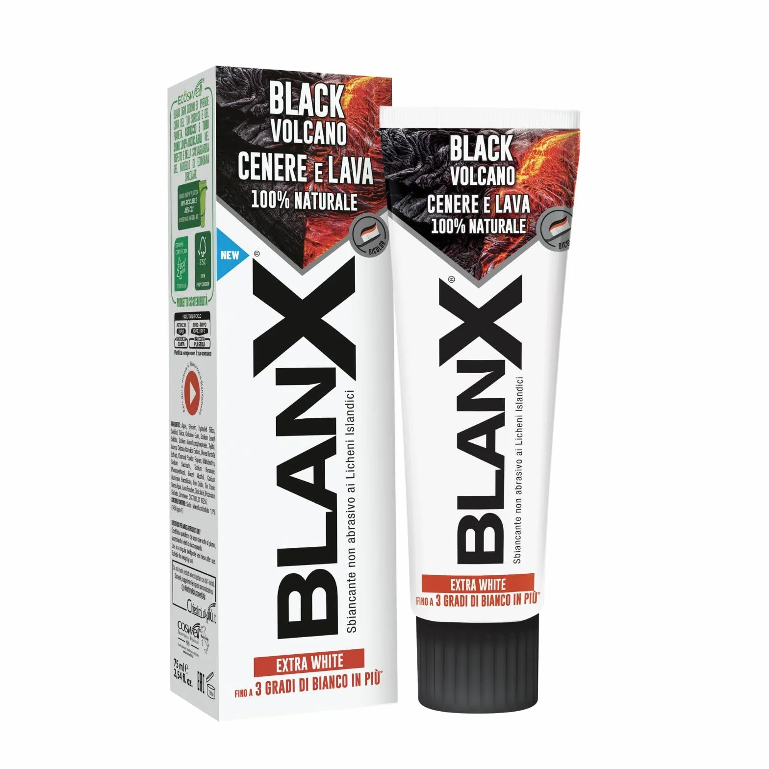 BlanX Pasta do zębów Black Volcano 75 ml, pasta do zębów z islandzkimi porostami i popiołem wulkanicznym, przyjazna dla wegan i antybakteryjna