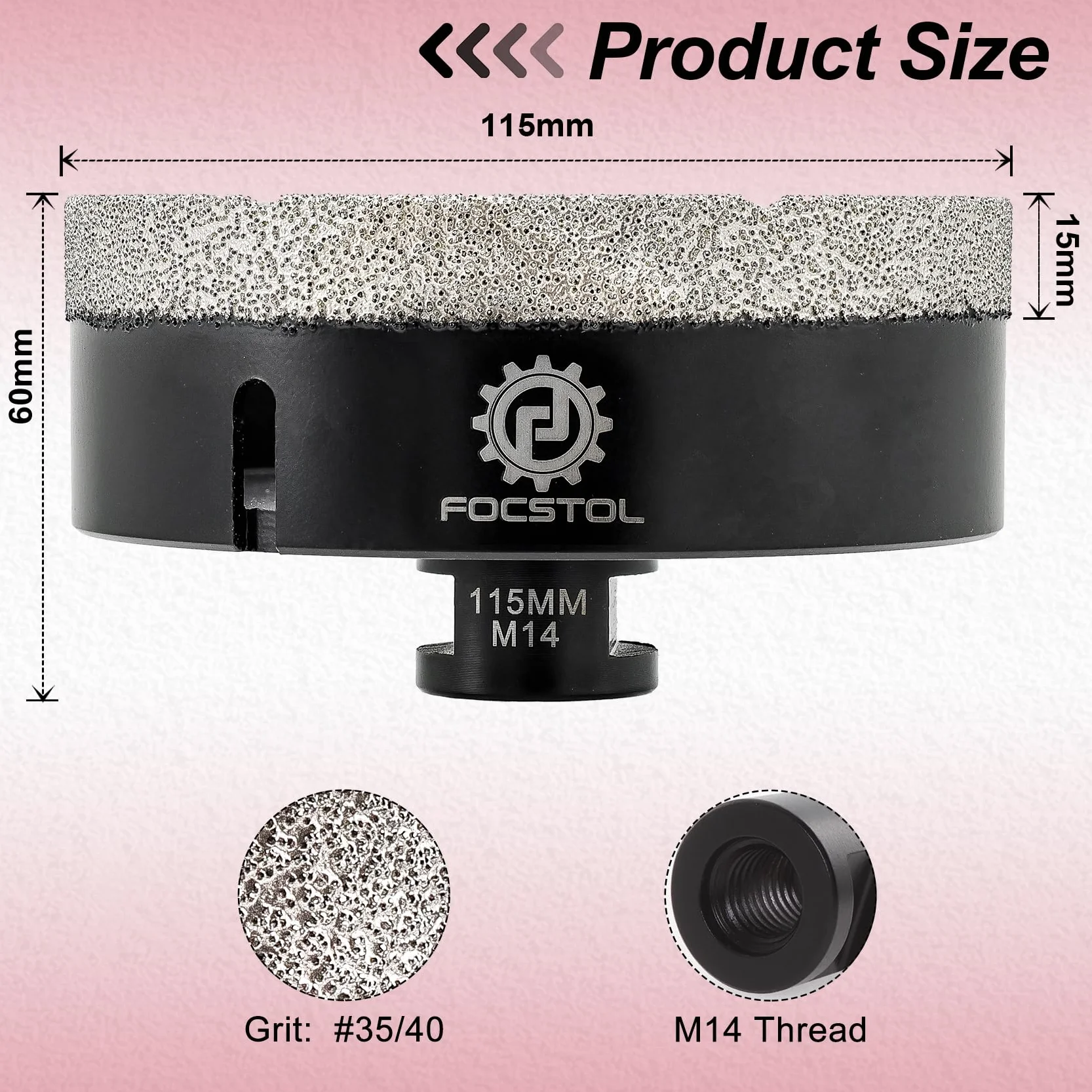 FOCSTOL Diamentowe wiertło do płytek, 115 mm, lutowane próżniowo, diamentowe otwornice do porcelany, ceramiki, płytek, marmuru, granitu, kwarcu, gwintu M14
