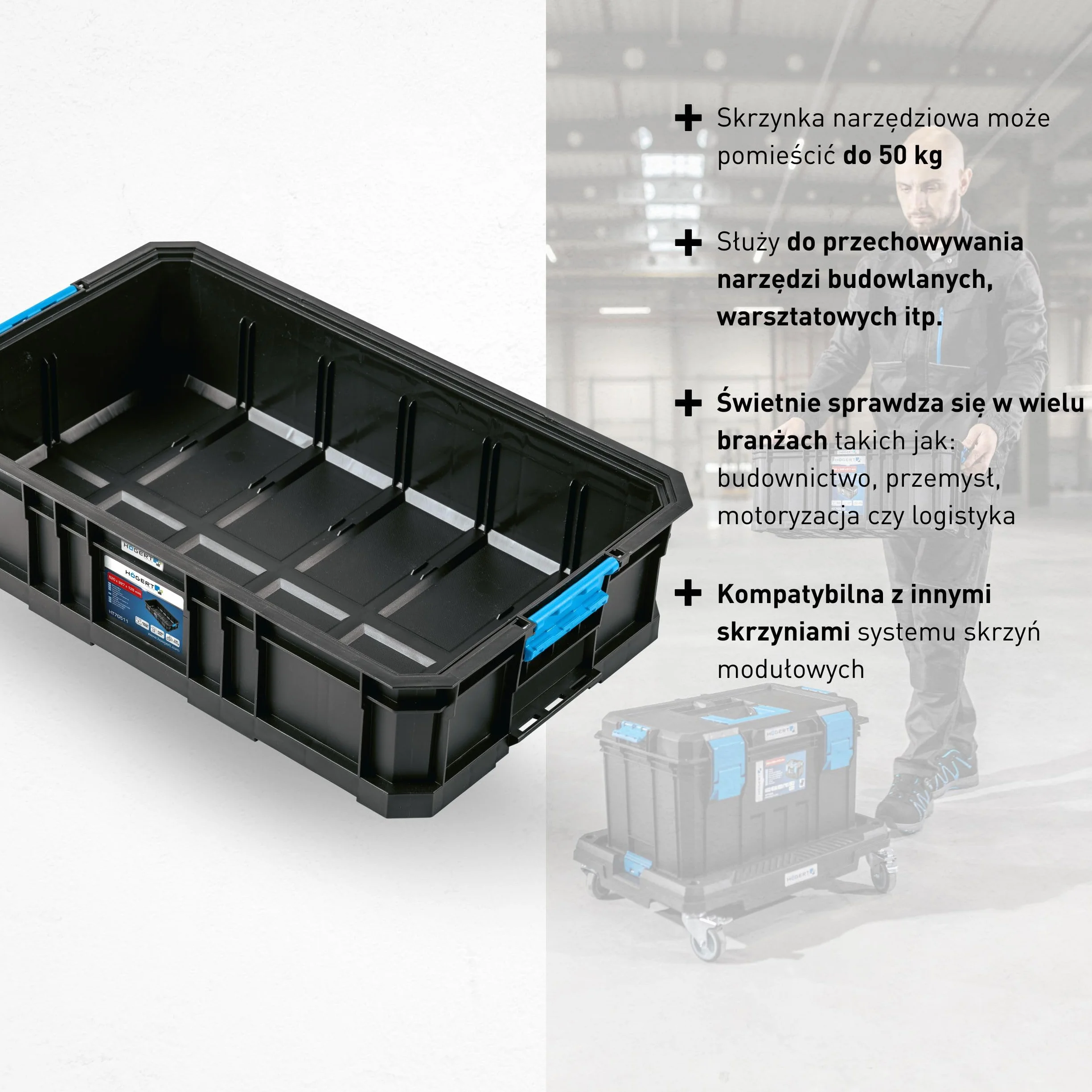 Högert Technik - Niska skrzynka narzędziowa, nośność do 50 kg, praktyczna i pojemna, kuweta na narzędzia, wytrzymałe zamknięcia ABS, modułowa konstrukcja - HT7G511