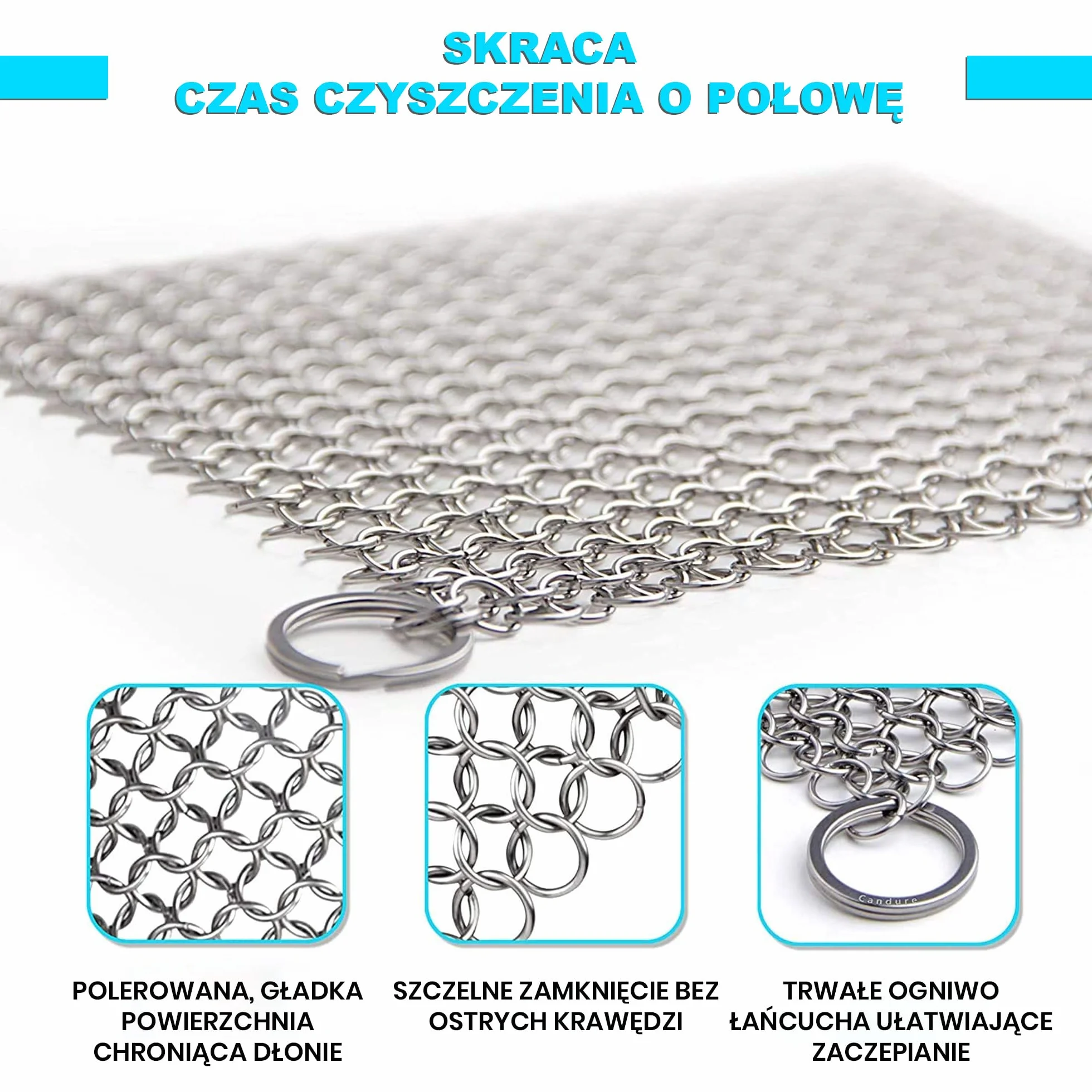 Candure Żeliwny środek czyszcząc, szczotka do czyszczenia łańcuchów do wszystkich rodzajów patelni, żeliwnych, grilli i kociołków typu - stal nierdzewna, 17,8 x 17,8 cm