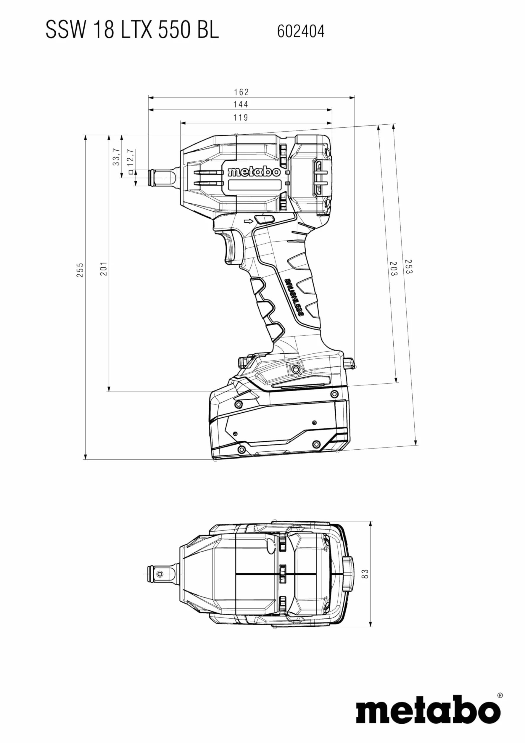 metabo Akumulatorowa wkrętarka udarowa SSW 18 LTX 550 BL – 18 V, 550 Nm, 1/2" czworokątna – bezszczotkowa, poręczna, LED, do budowy drewna, wymiany opon, montażu przemysłowego – w zestawie 2