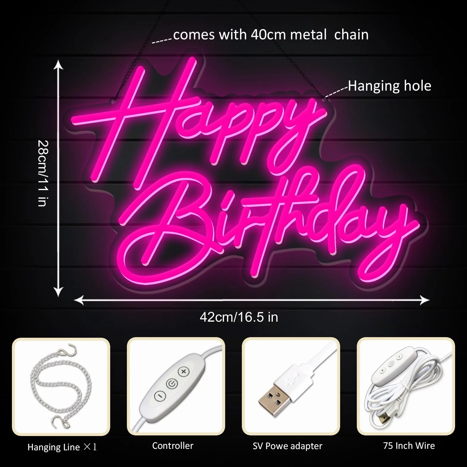Różowy Happy Birthday Neon Light Party Birthday Light niespodzianka Jasny miękki przełącznik może kontrolować moc z regulowanego gniazda USB dla wygodnego transportu