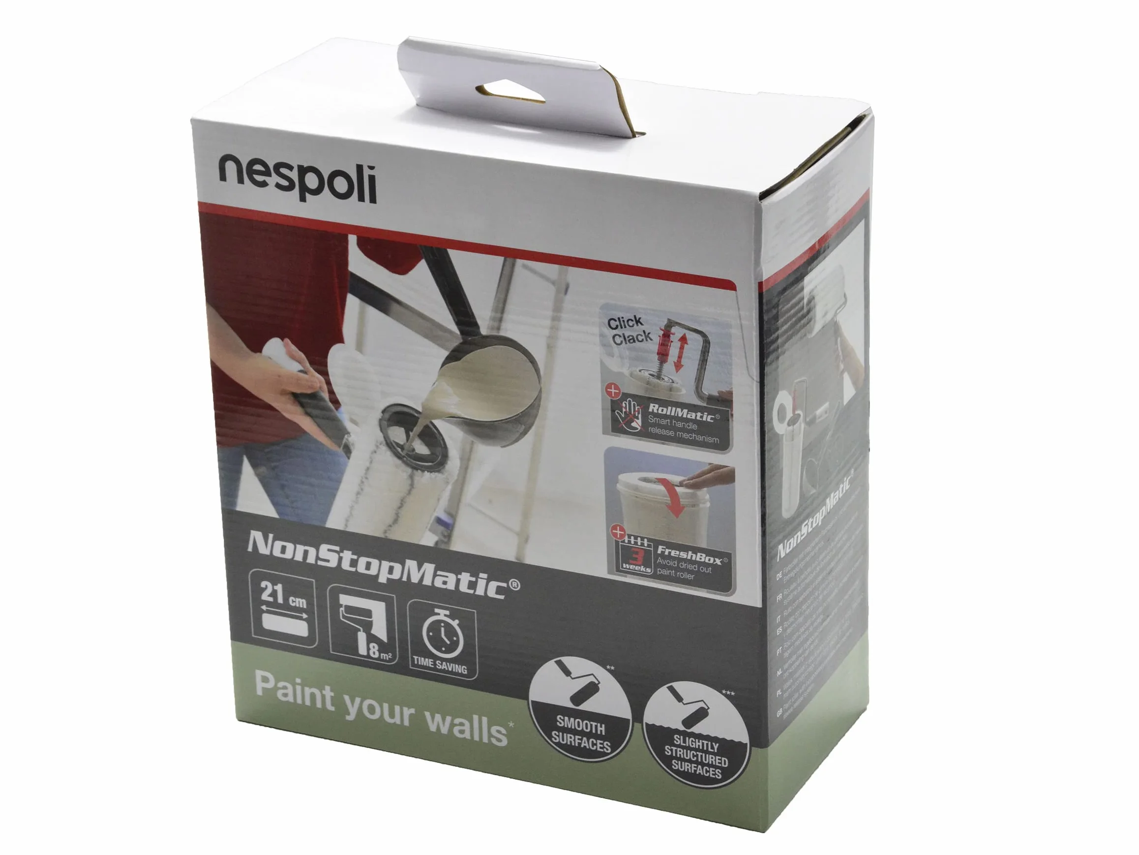 Nespoli NonStopMatic zestaw wałków malarskich 21 cm z wbudowanym zbiornikiem na farbę i automatycznym mechanizmem odblokowującym, kolor biały/szary