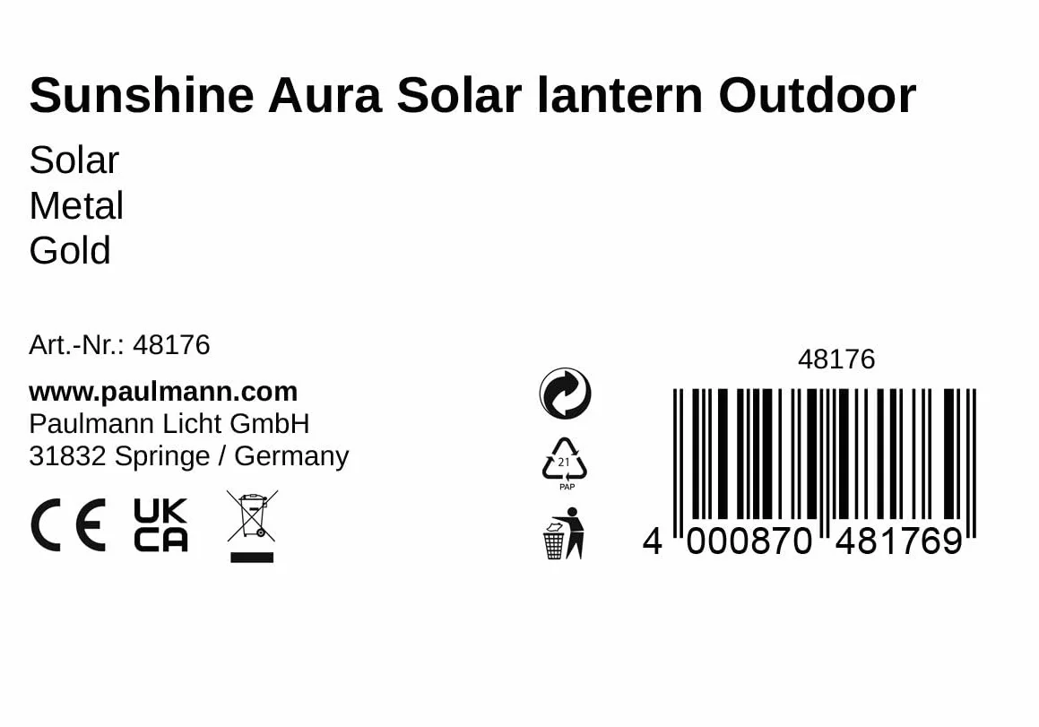 Pauleen Sunshine Aura lampa solarna metalowa 3000 K złota oświetlenie zewnętrzne