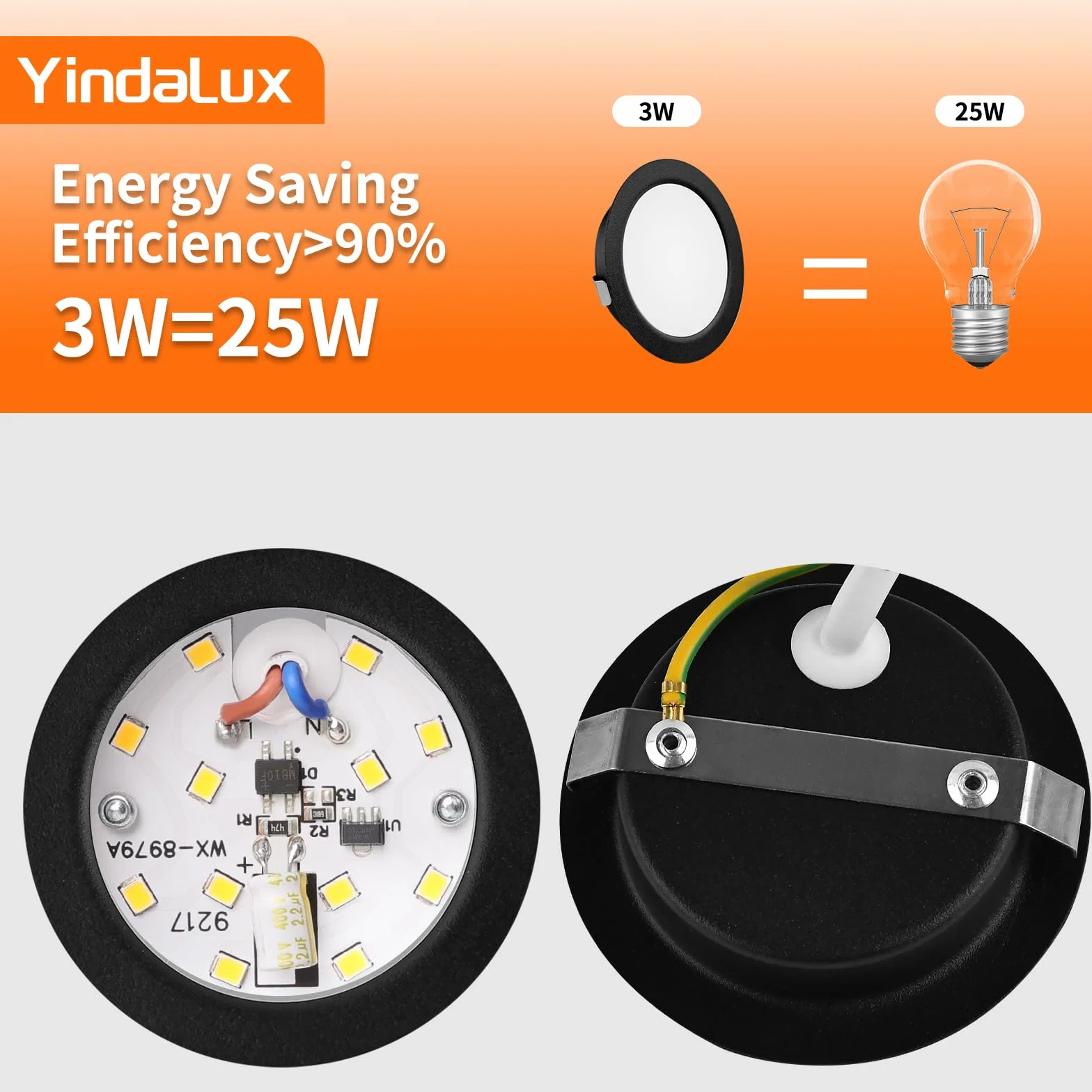 YindaLux Zestaw 6 reflektorów LED do zabudowy, 230 V, 3 W, 3000 K, ciepła biel, reflektor LED, ultra płaski, 300 lm, otwór 55-58 mm i 15 mm, płaski, IP44 lampa do zabudowy meblowej LED do szafki z