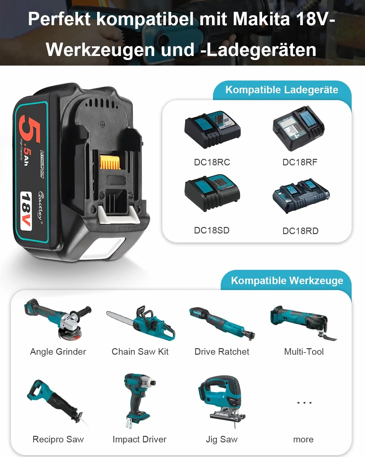 Makita 18 V zamienny akumulator Waitley 5500 mAh BL1850 BL1860B BL1840 BL1830 BL1820B BL1815