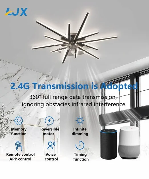 LJX Inteligentny wentylator sufitowy ze światłem, 91 cm, współpracuje z Alexa DC, ściemniany wentylator LED z pilotem zdalnego sterowania, 2,4 G, WiFi, cichy, odwracalny, nowoczesny design, do