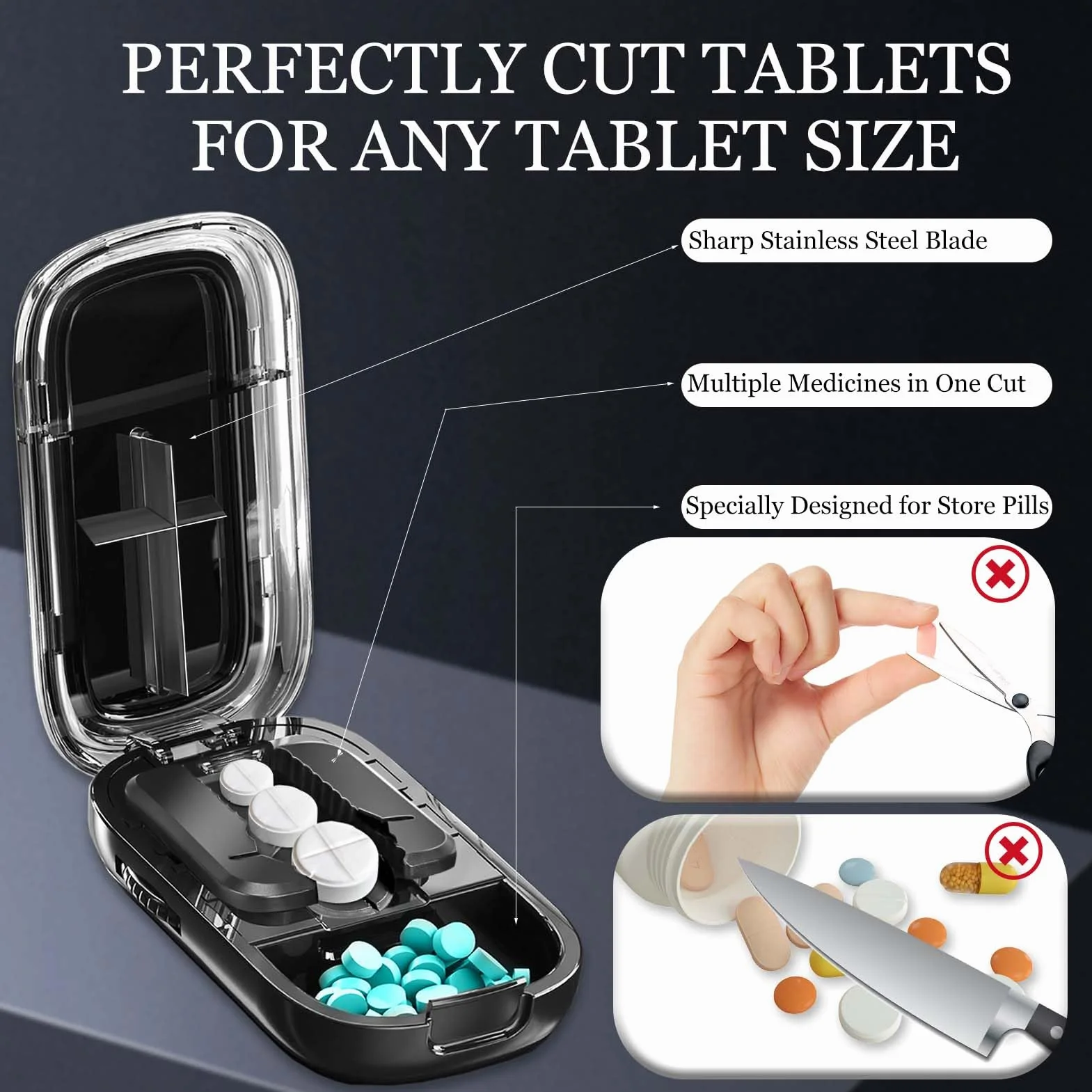 Dzielnik tabletek, nóż do tabletek z przegródką do przechowywania, na małe i duże tabletki, wielokrotne pigułki Pill Cutter, do podróży i zwierząt domowych, dla codziennego użytku (Black)