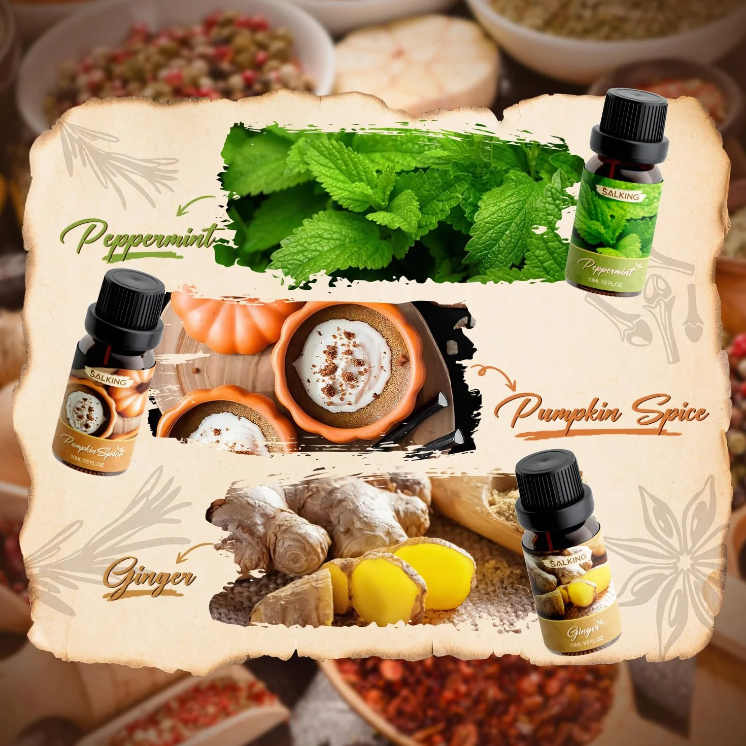 SALKING Jesienny zestaw olejków eterycznych do aromaterapii, zestaw prezentowy, olejki zapachowe do dyfuzora, nawilżacza powietrza, 6 x 10 ml, wanilia, cynamon, goździk, przyprawa do dyni, mięty