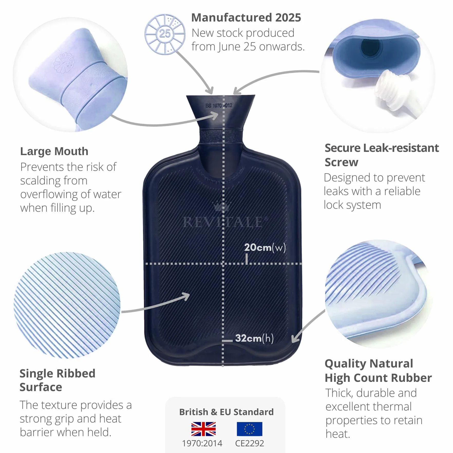 Termofor 2 L Revitale Luksusowa Miękka Powłoczka Guma Naturalna Brytyjski Standard BS1970:2012 Szary Łupek