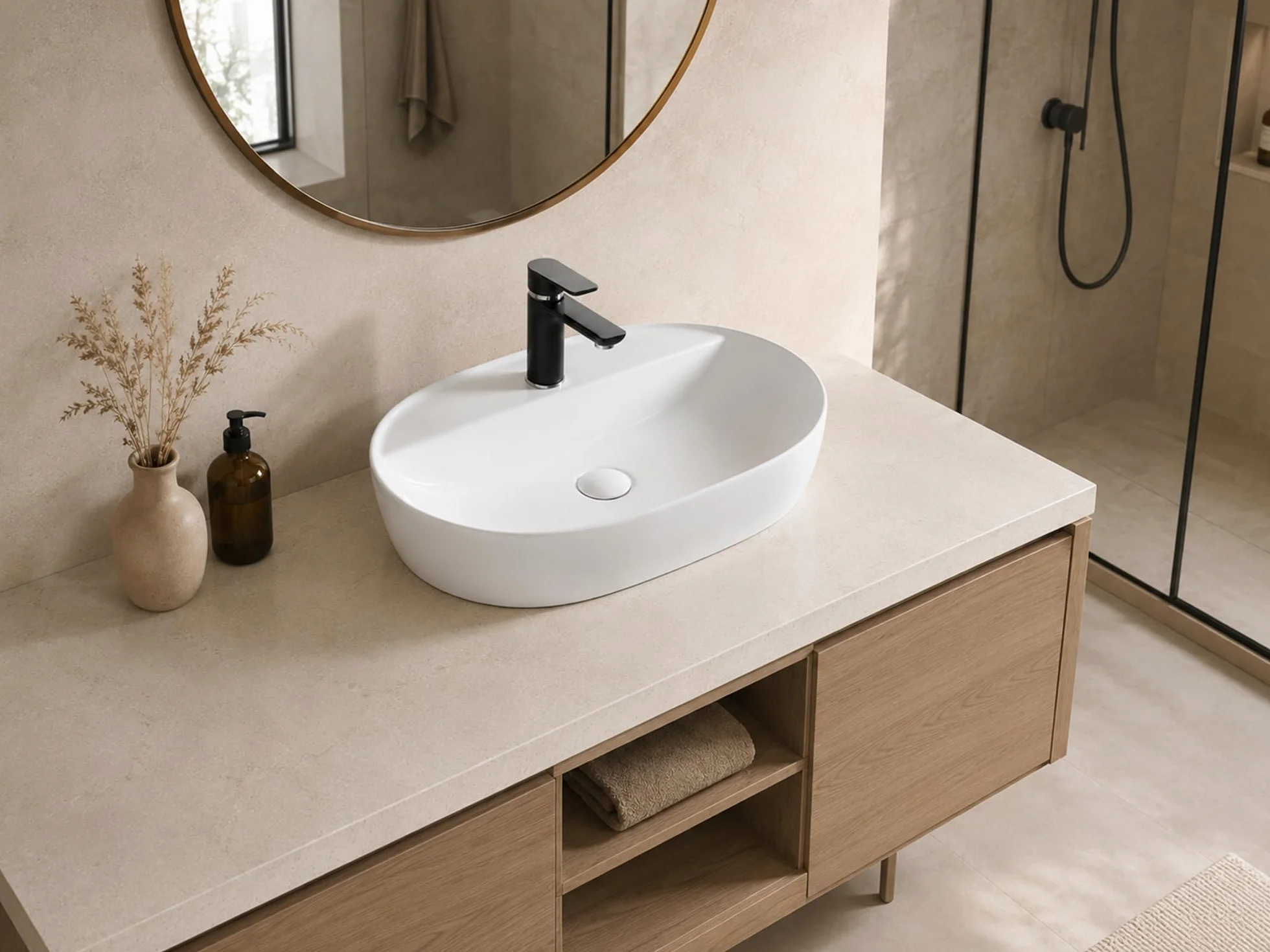 Premium Umywalka owalna - Błyszcząca umywalka nablatowa - ceramiczny basen do umywalki - miska do mycia biała - 610 x 400 x 120 mm