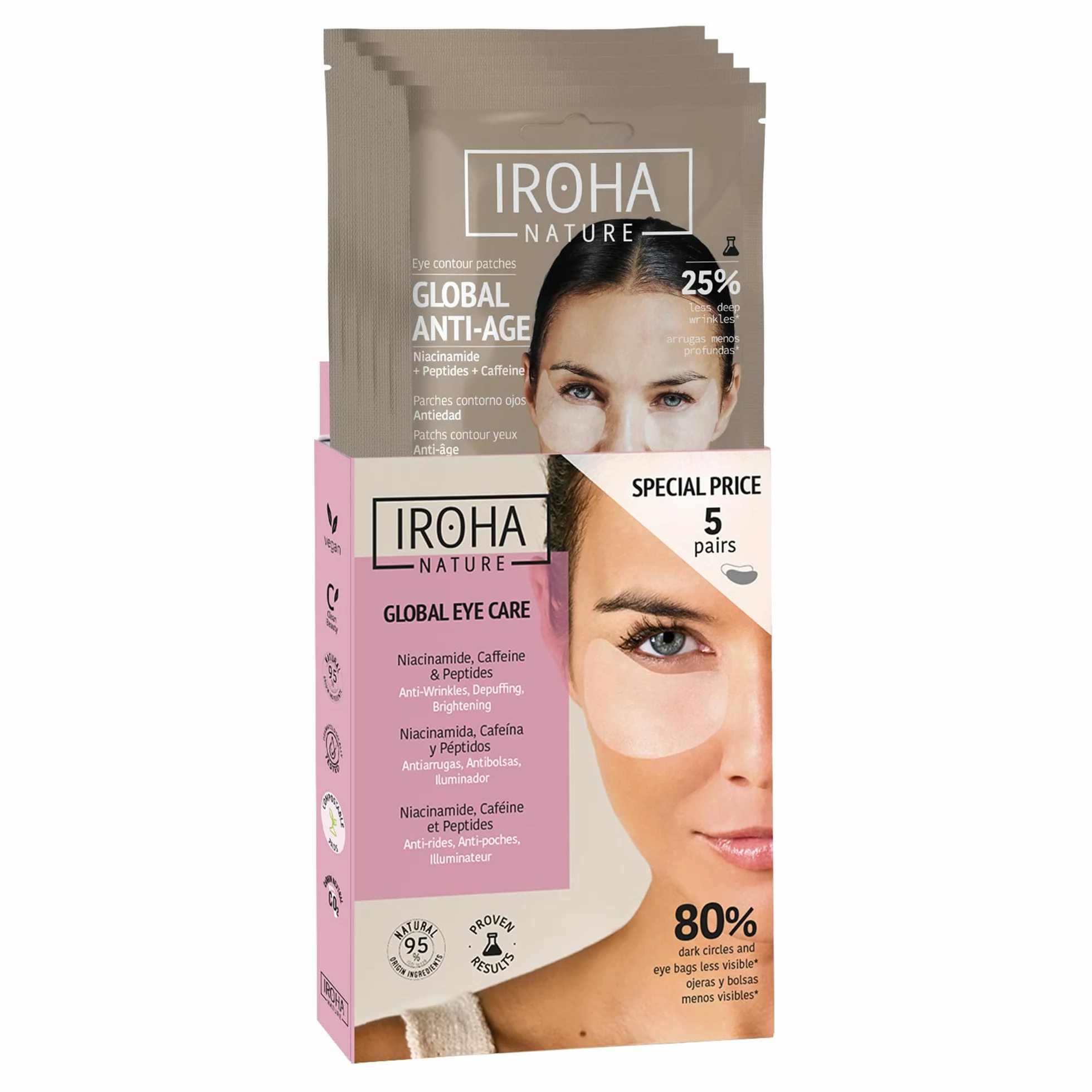Iroha Nature Przeciw starzeniu się łaty do oczu Niacynamid Kofeina Peptydy Redukcja zmarszczek Kwas hialuronowy Wegańskie