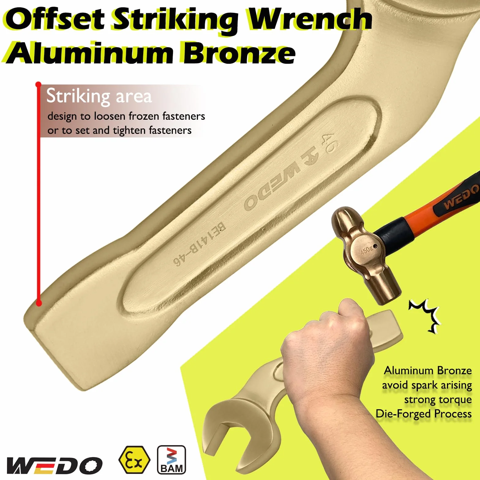 WEDO Nieiskrzący wygięty klucz uderzający z otwartym końcem 45 stopni, klucz bezpieczeństwa, brąz aluminiowy, standard DIN, certyfikat BAM i FM, 7,6", 190 mm x 32 mm