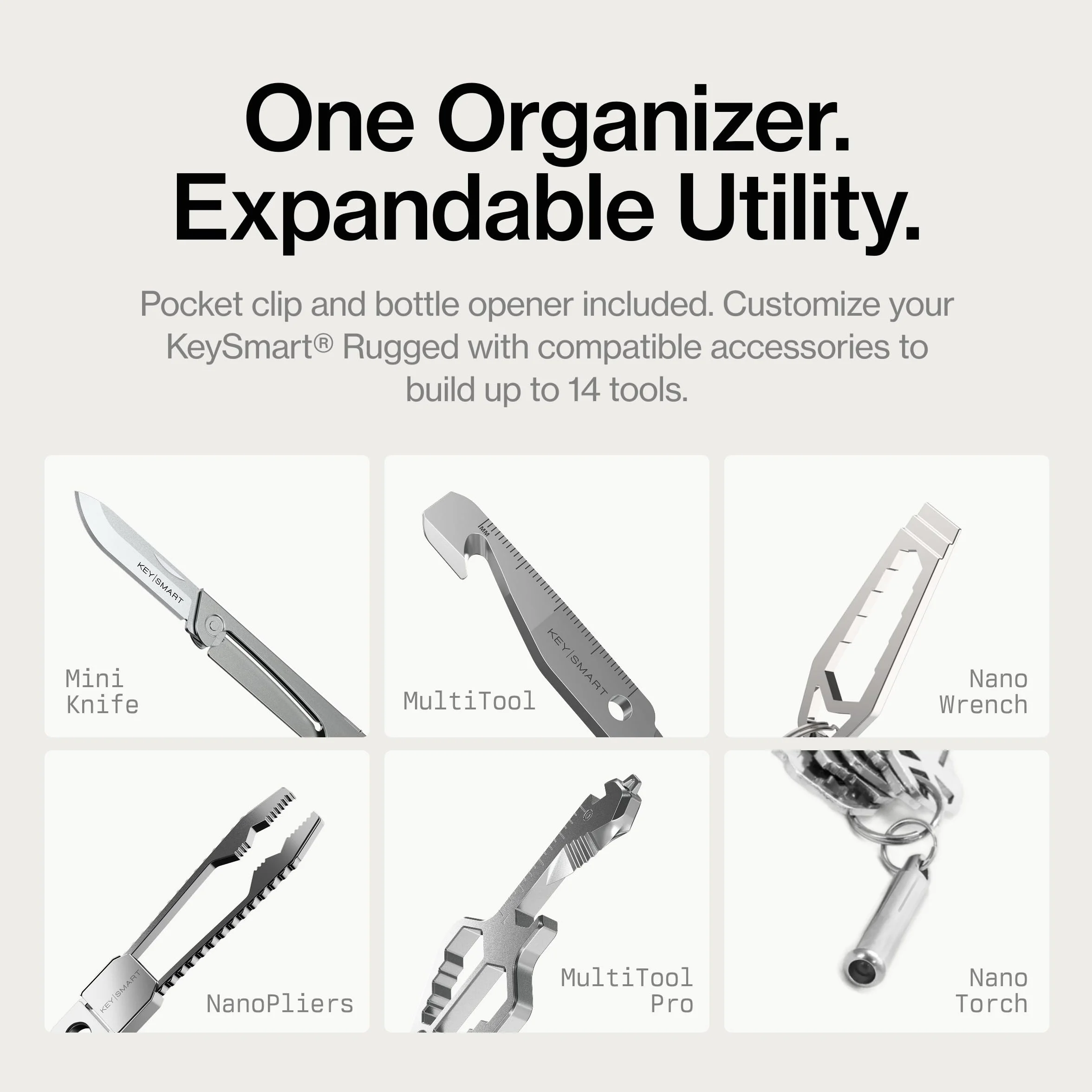 KeySmart Wytrzymały - wielofunkcyjny uchwyt na klucze z otwieraczem do butelek i klipsem kieszonkowym (do 14 kluczy, niebieski)