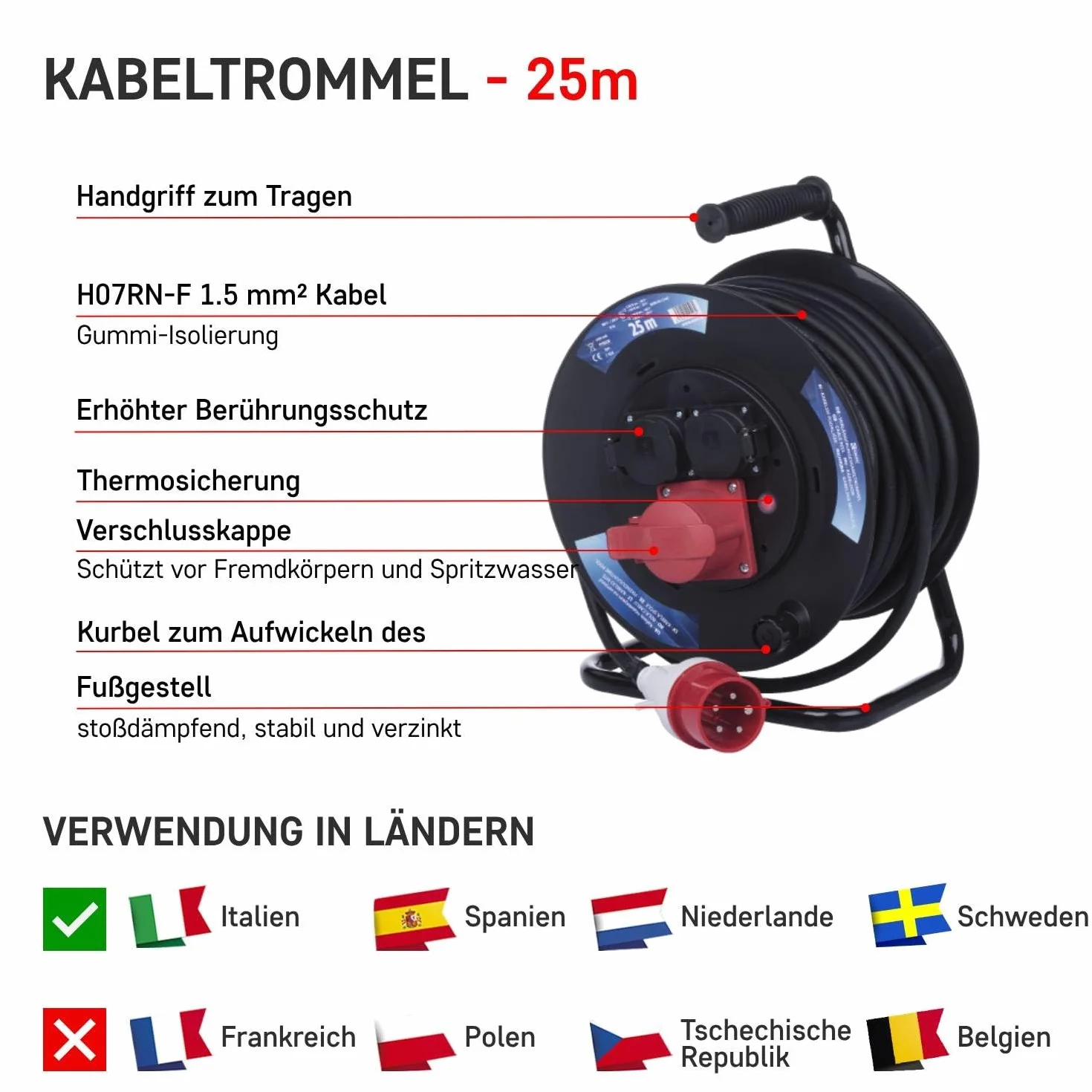 EMOS - Bęben kablowy CEE 25 m - 3 gniazda (1 CEE, 2 Schuko) - wodoszczelny - 230 V/400 V, 13 A, 3000 W/5000 W - izolacja gumowa - H07RN-F 1,5 mm2 - IP44 do użytku na zewnątrz i na kemping