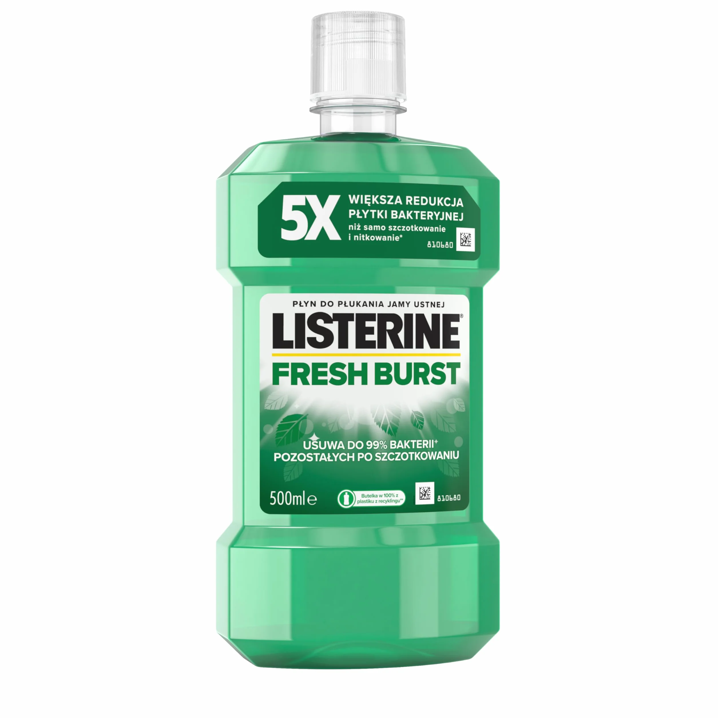 LISTERINE Fresh Burst 500ml, Płyn do płukania jamy ustnej z olejkami eterycznymi, usuwa bakterie, redukuje płytkę nazębną, długotrwale odświeża oddech