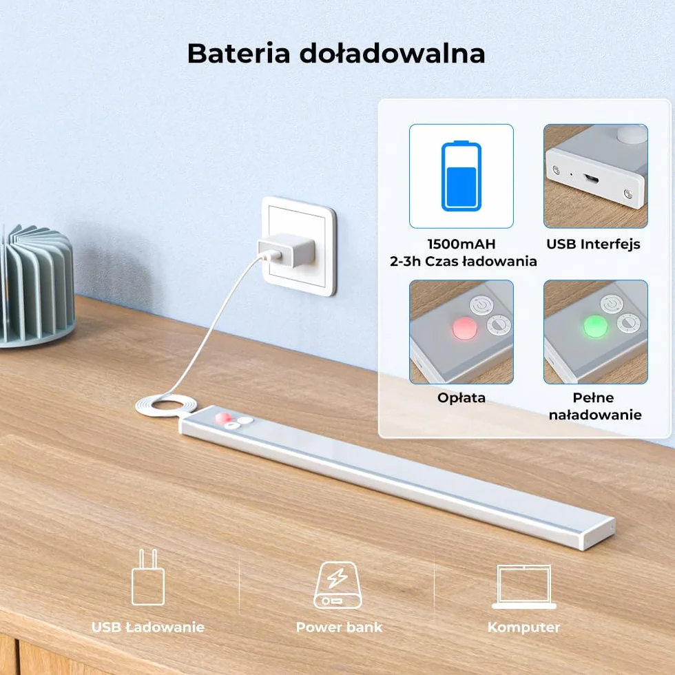 OUSFOT Oświetlenie Szafek 30 cm 2 sztuki, 3 Temperatury Barwowe, Regulowana Jasność, Czujnik Ruchu, ładowanie przez USB, nadaje się do szafek, gabinetów i schodów