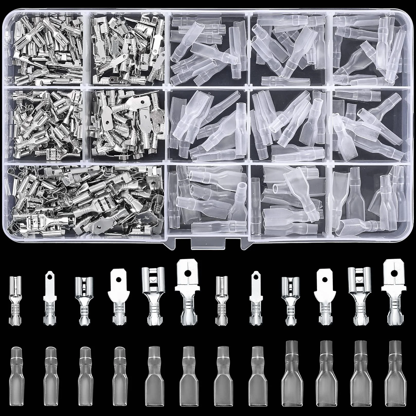 Zestaw końcówek kablowych, 360 szt., płaskie tulejki wtykowe, 2,8 mm, 4,8 mm, 6,3 mm, męskie i żeńskie wtyczki kablowe z tuleją izolacyjną, elektryczne złącze zaciskowe