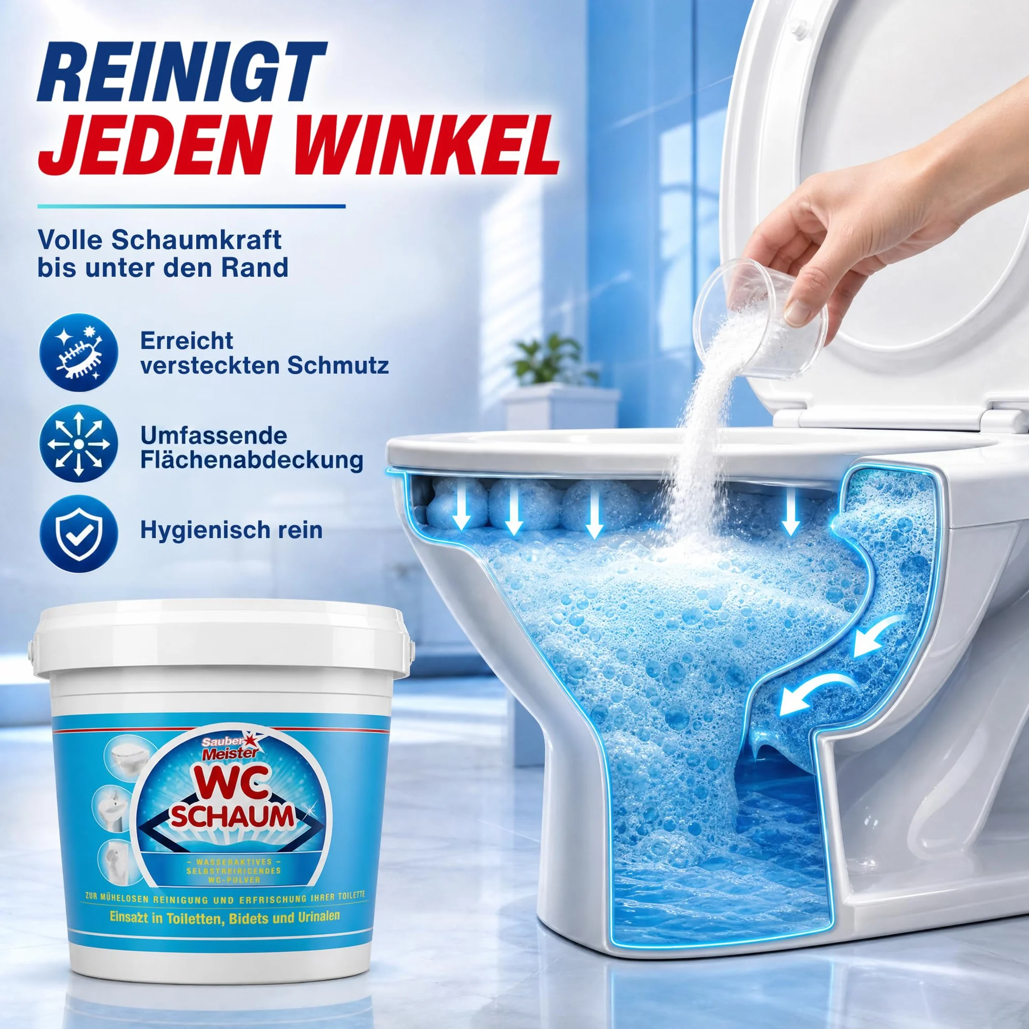 Myjka do WC w proszku – bardzo mocna pianka do WC zapewnia gruntowną czystość – mocny środek do czyszczenia WC przeciwko kamieniu i kamieniom moczowym – samoczyszcząca forma proszku, 5