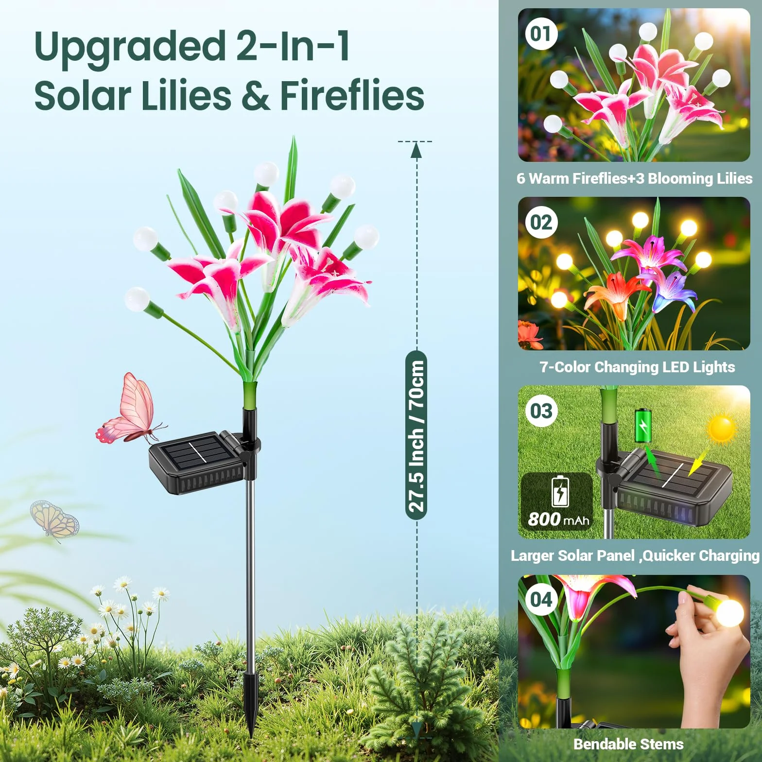 BUCASA Lampy solarne Firefly do ogrodu na zewnątrz, 4 szt. 36 diod LED, jasne lampy solarne do użytku na zewnątrz z ciepłymi, białymi świetlikami i wielokolorowymi kwiatami lilii, ulepszone, kołyszące