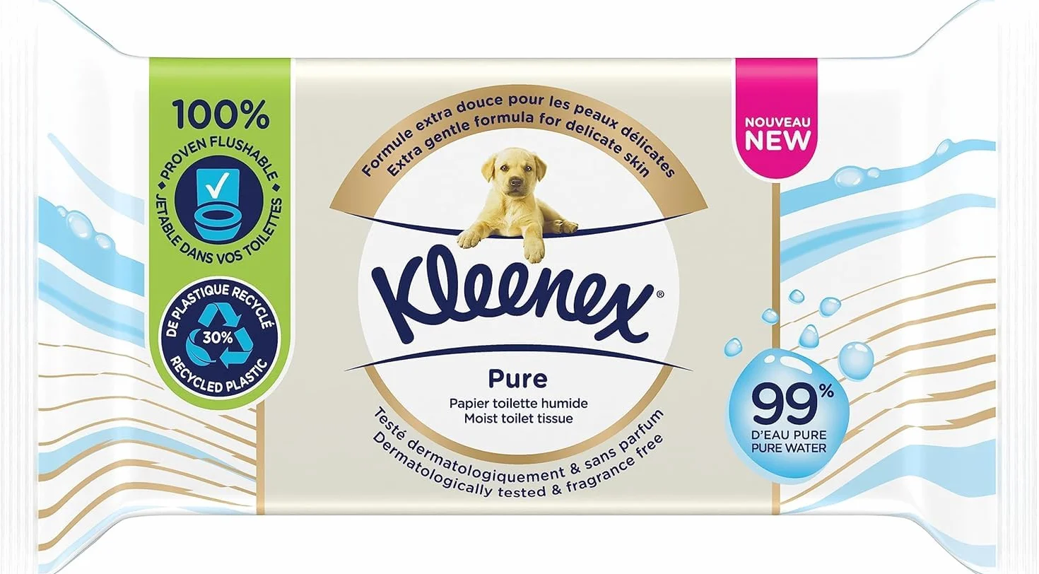 KLEENEX Czysty - Mokry papier toaletowy (12 opakowań po 38 arkuszy), podwójna grubość, jednorazowy w toalecie, bez plastiku, bez zapachu, bez alkoholu, opakowanie nadające się do recyklingu