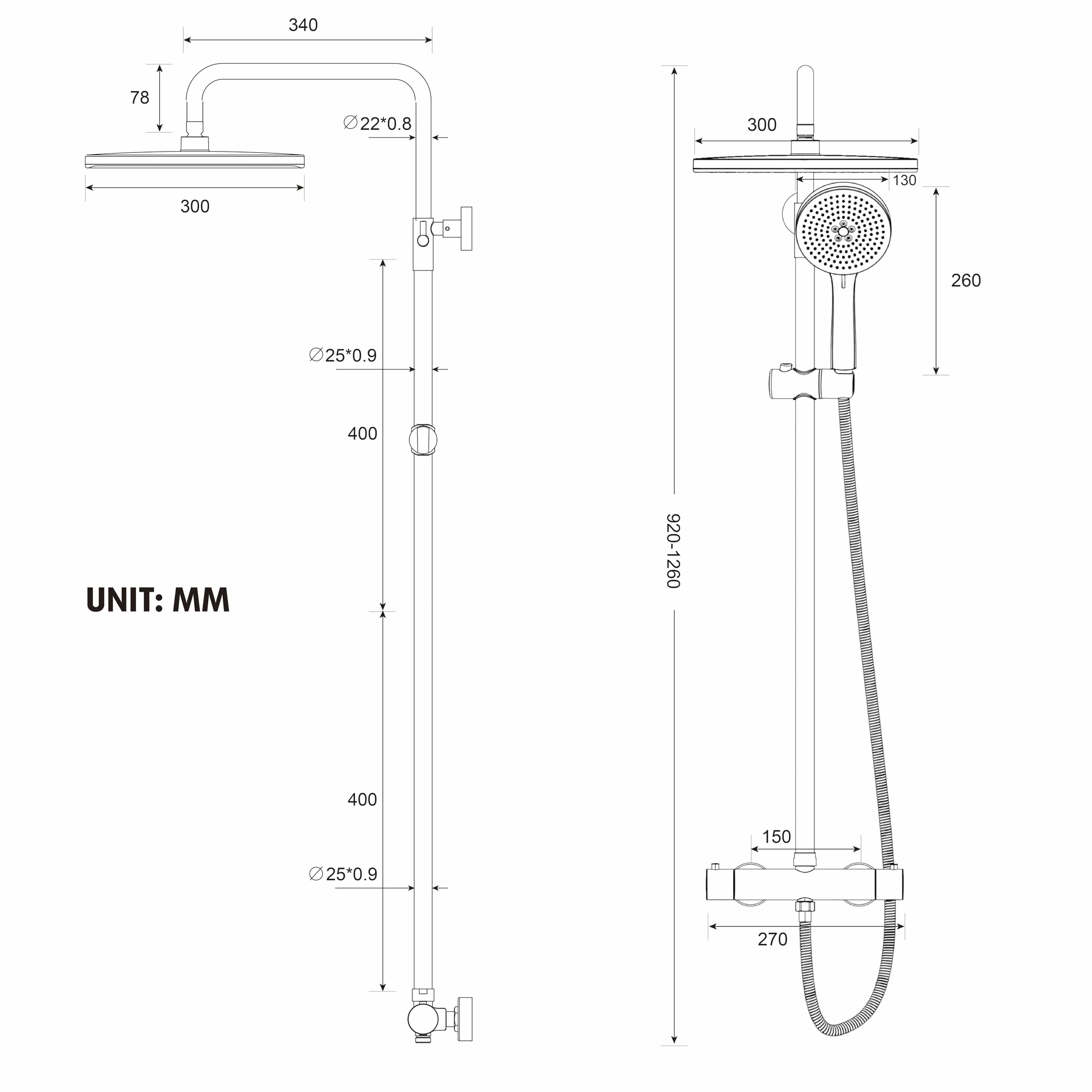 Rainsworth System prysznicowy z termostatem, Ø 30 cm, okrągły, deszczownica, zestaw prysznicowy oszczędzający wodę, 5 rodzajów strumienia, 92-126 cm, drążek prysznicowy Rainforest, kompletny zestaw do