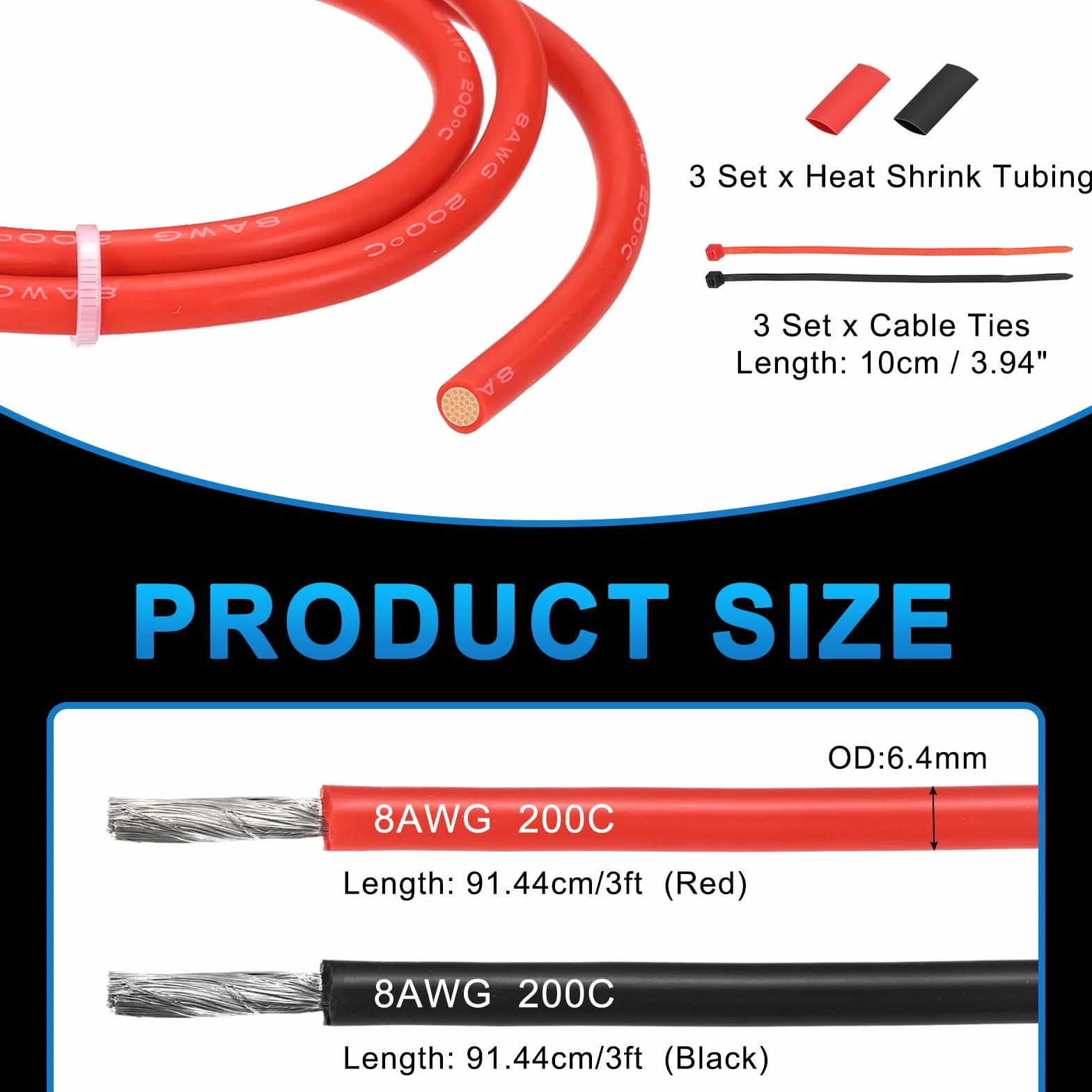 QUARKZMAN 2 sztuki 8 AWG kabel silikonowy 8 G, 1 m, kabel elektryczny, silikonowy drut elektryczny z wężem termokurczliwym i opaskami kablowymi do motoryzacyjnego falownika, czerwony, czarny, 2 szt