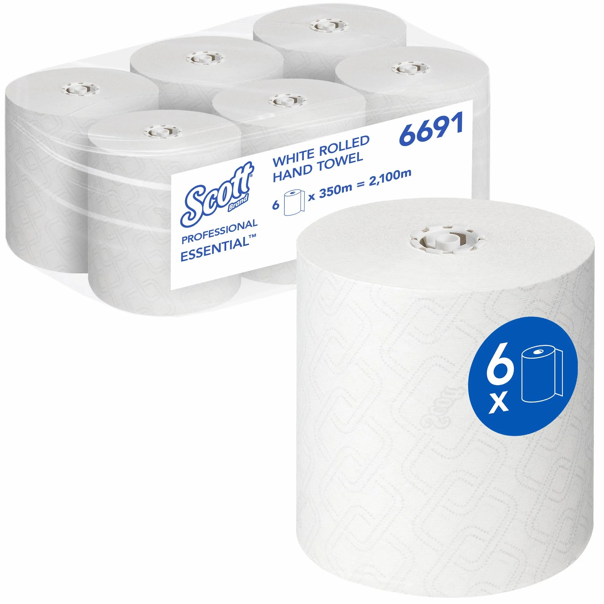 Ręczniki papierowe w rolce Scott Essential 6691 — ręczniki papierowe do rąk w rolce — 6 białych rolek papieru o długości 350 m (łącznie 2100 m)