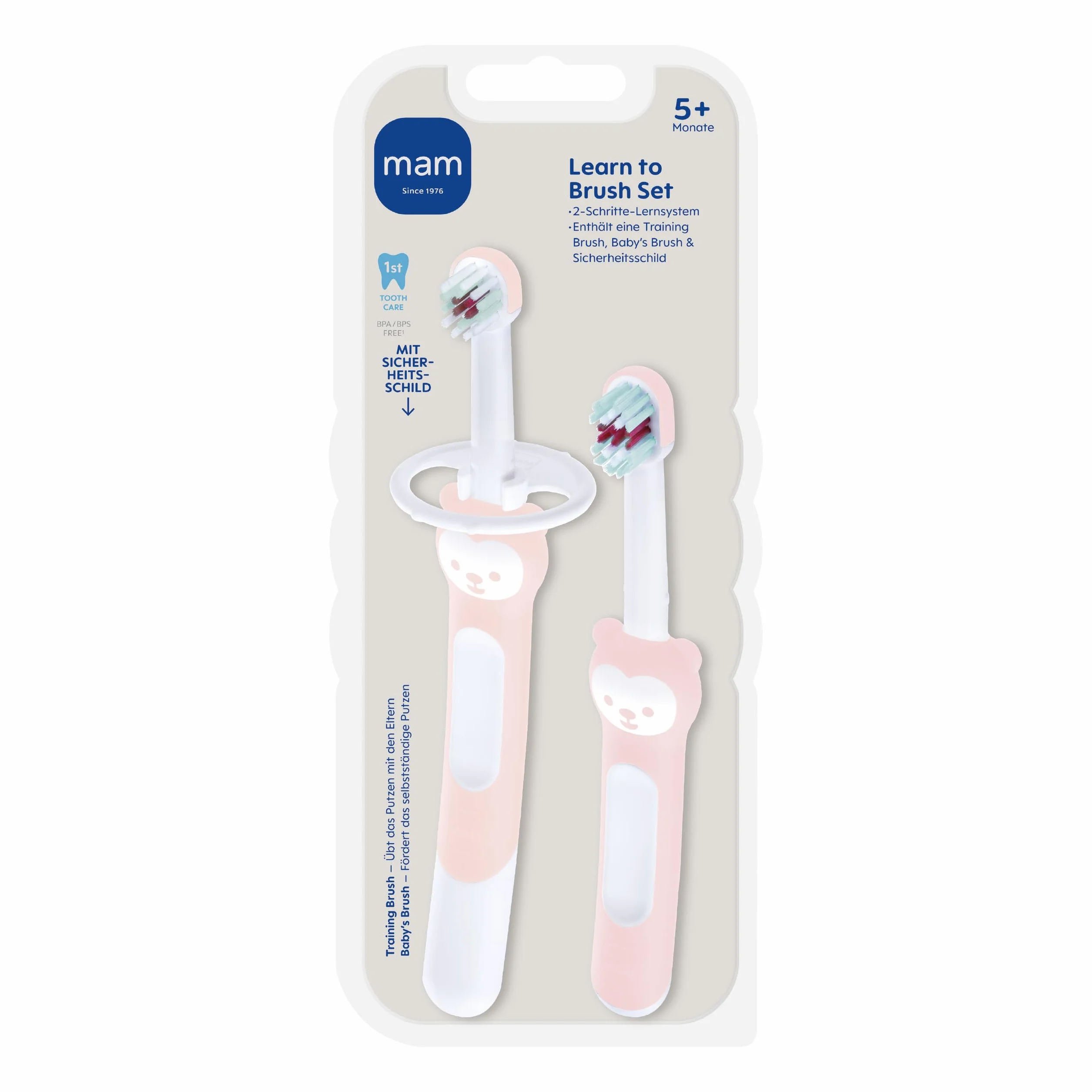 MAM Learn to Brush Set, szczoteczka do zębów dla niemowląt z długim uchwytem do wspólnego trzymania, szczoteczka do zębów dla dzieci trenuje mycie zębów, od 5+ miesięcy, różowa