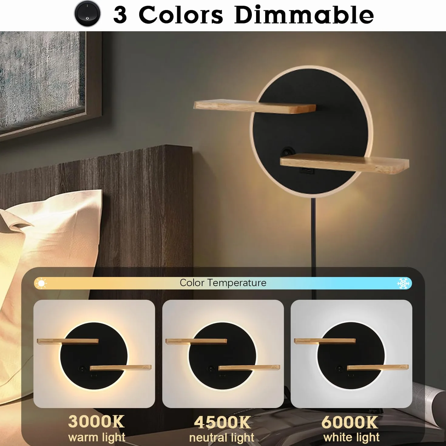 Kinkiety wewnętrzne LED z włącznikiem i przyłączem USB do ładowania, lampka nocna, 3 kolory, regulowana lampka do czytania dla dzieci, z drewnianym regałem, oświetlenie ścienne do salonu, sypialni