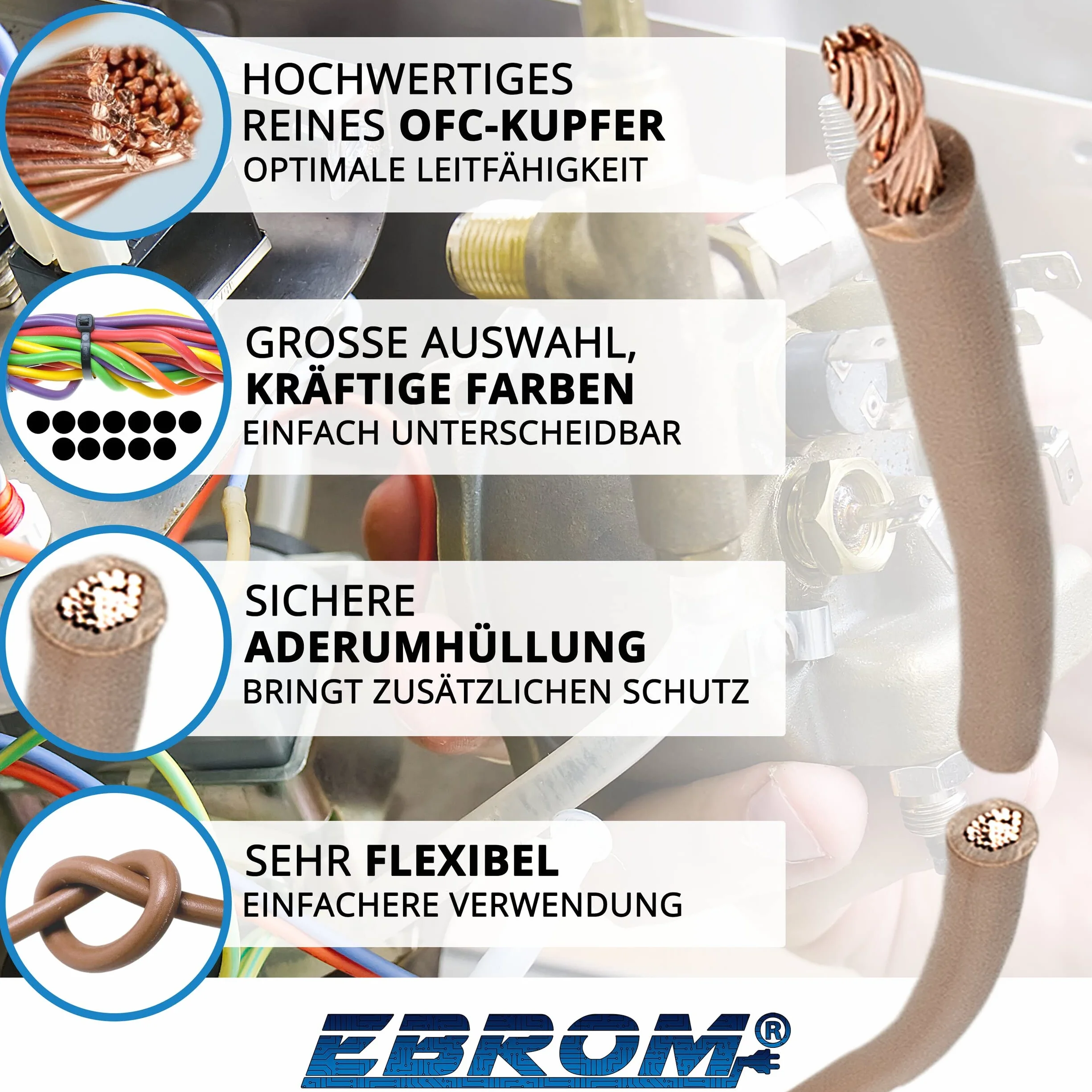 Przewód żyłowy, elastyczny, pojedynczy, z PCW, H07V-K 1,5 mm², kolor: brązowy 10 m/15 m/20 m/25 m/30 m/35 m/40 m/45 m/55 m/60 m do 100 m do wyboru
