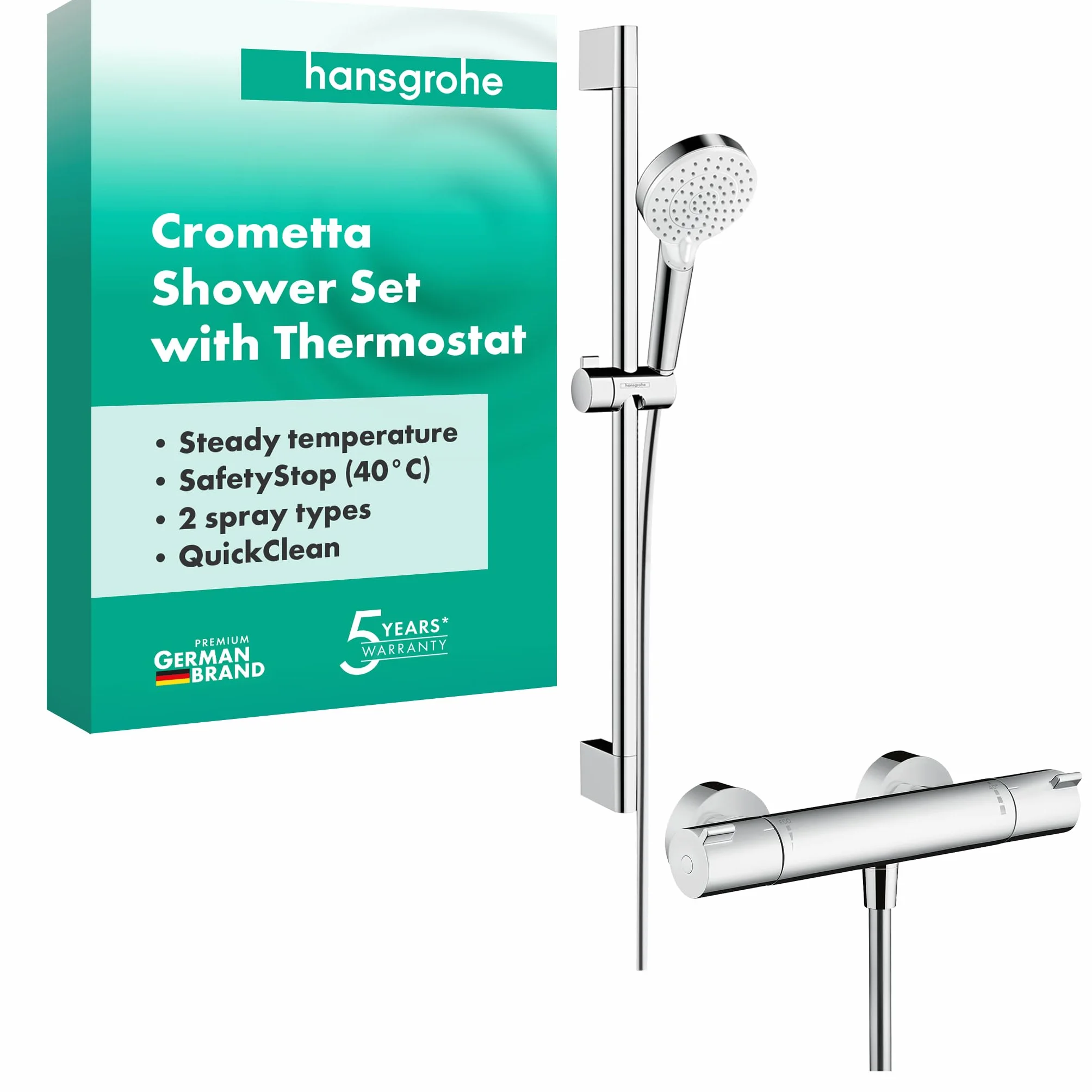 hansgrohe Crometta - zestaw prysznicowy z główka prysznicowa, bateria termostatyczna, wąż prysznicowy 160 cm oraz drążek prysznicowy 65 cm, oszczędzająca wodę z 2-strumieniowa, biały/chrom, 27812400