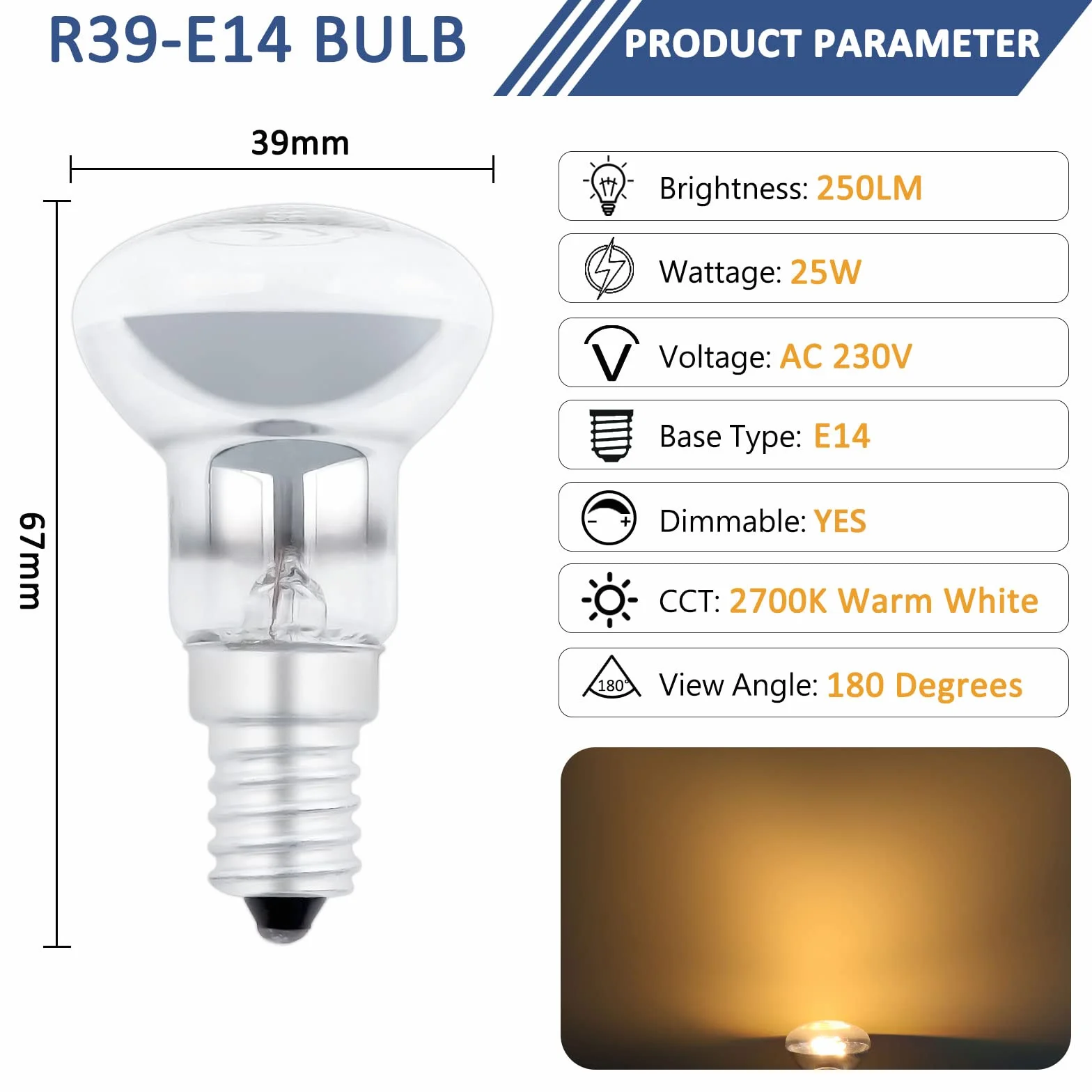 Caldarax Lampa lawowa, żarówka E14 R39, możliwość ściemniania, 25 W, lampa lawowa, reflektor AC 240 V, ciepła biel 2700 K, 250 lm, lampa grzewcza R39, lampa reflektorowa, lampa błyskowa, lampy fusion