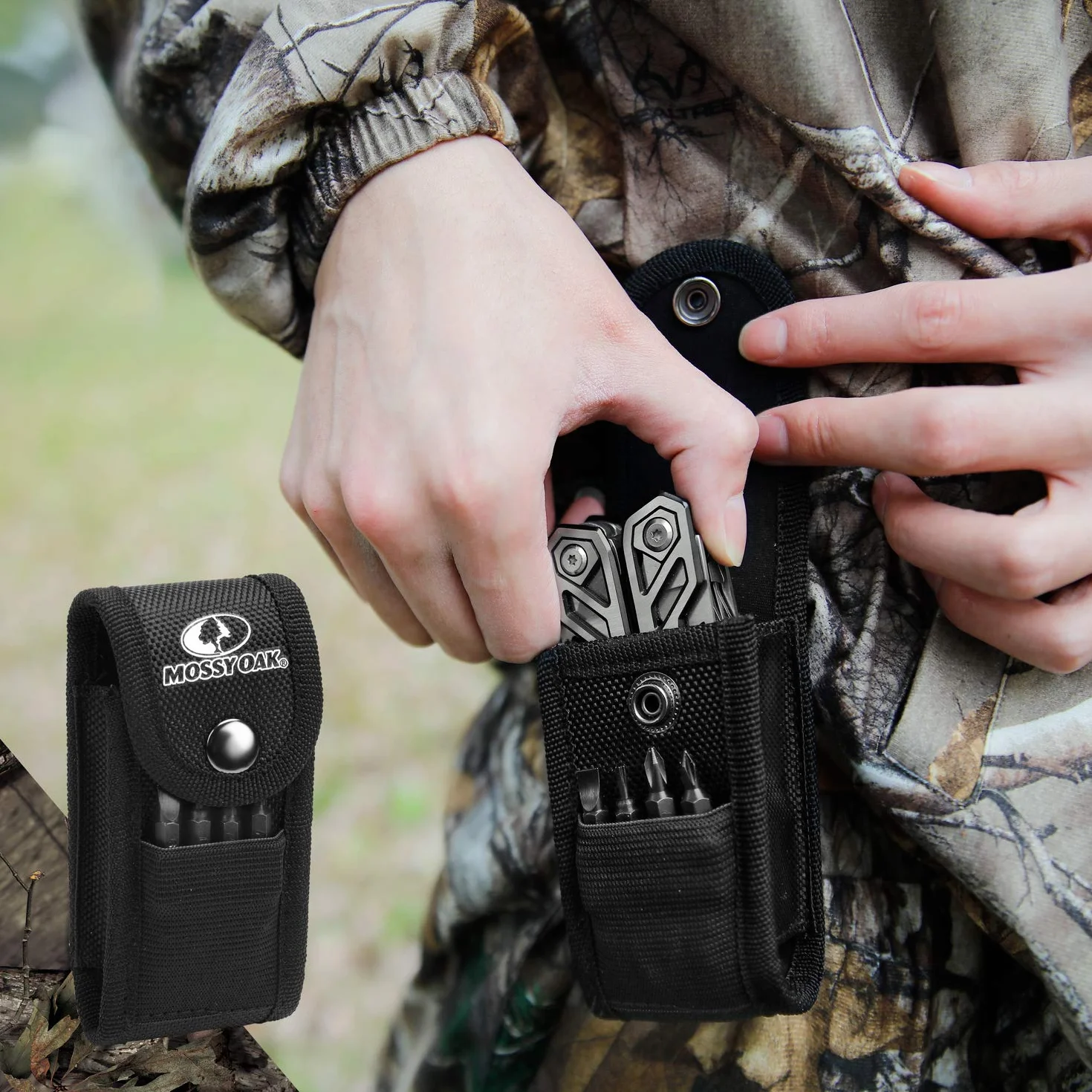 Mossy Oak szczypce wielofunkcyjne, 21 w 1, wielofunkcyjne narzędzie ze szczypcami, składany nóż Mulitool na kemping, wędrówki, w zestawie z przenośnym etui