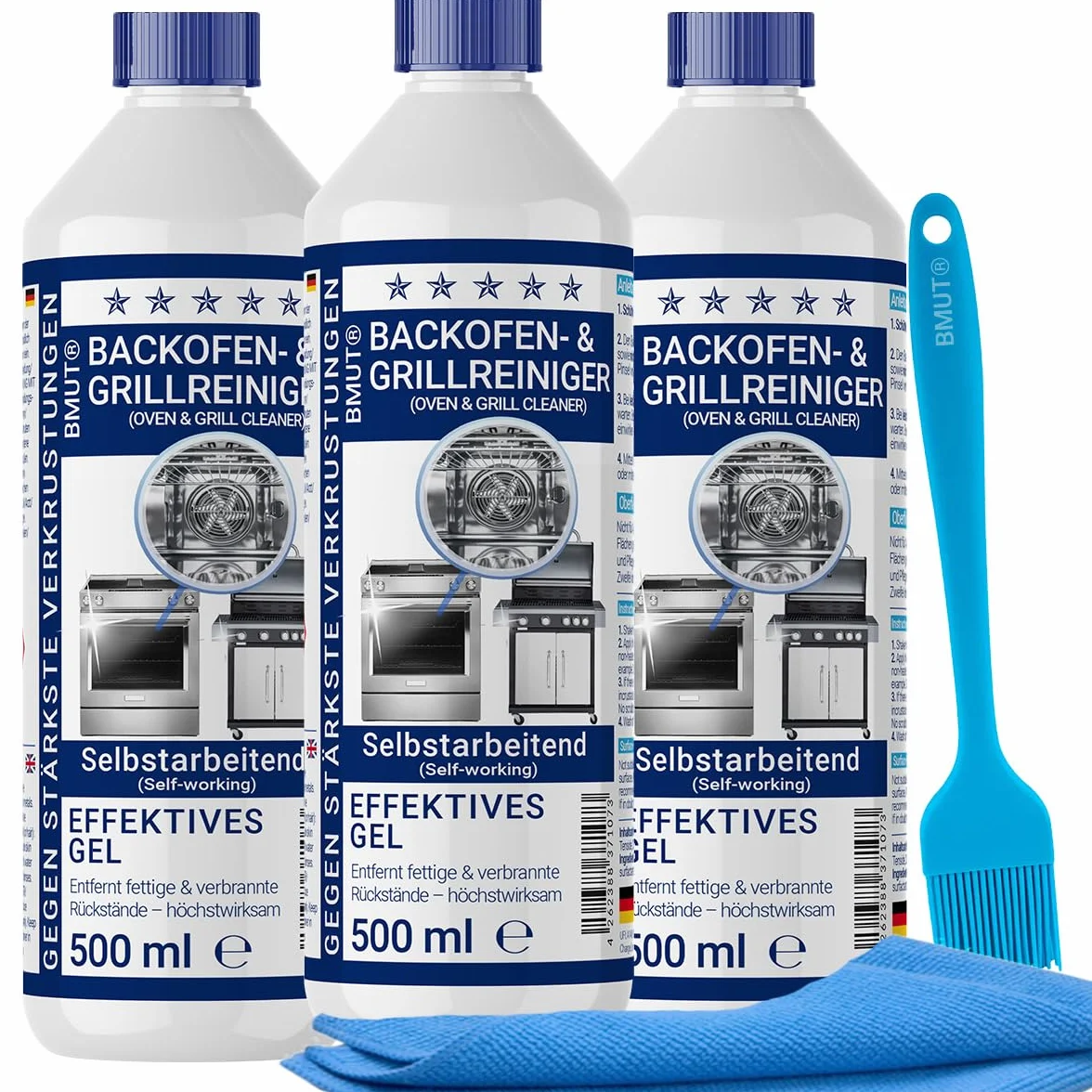 3x500ml (1,5 litra) środek czyszczący do piekarnika extra mocny | z pędzelkiem + ściereczką XXL z mikrofibry | żel-pasta | środek do czyszczenia grilla | przeciwko osadom i skorupom | działa
