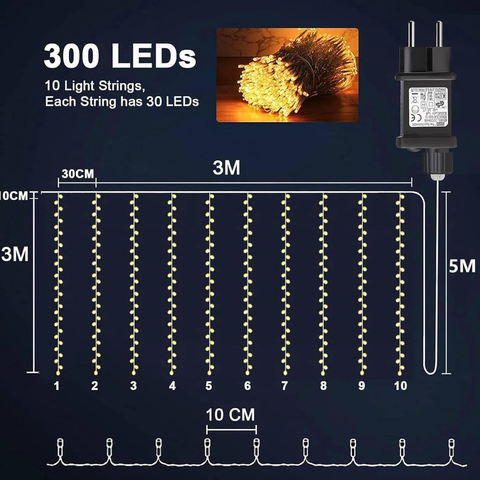 Joycome Kurtyna świetlna na zewnątrz, 3 m x 3 m, 300 diod LED, zasłona z wtyczką, 8 trybów, wodoszczelny, łańcuch świetlny, do pokoju, na balkon, imprezę, do namiotu, na wesele, do użytku na zewnątrz