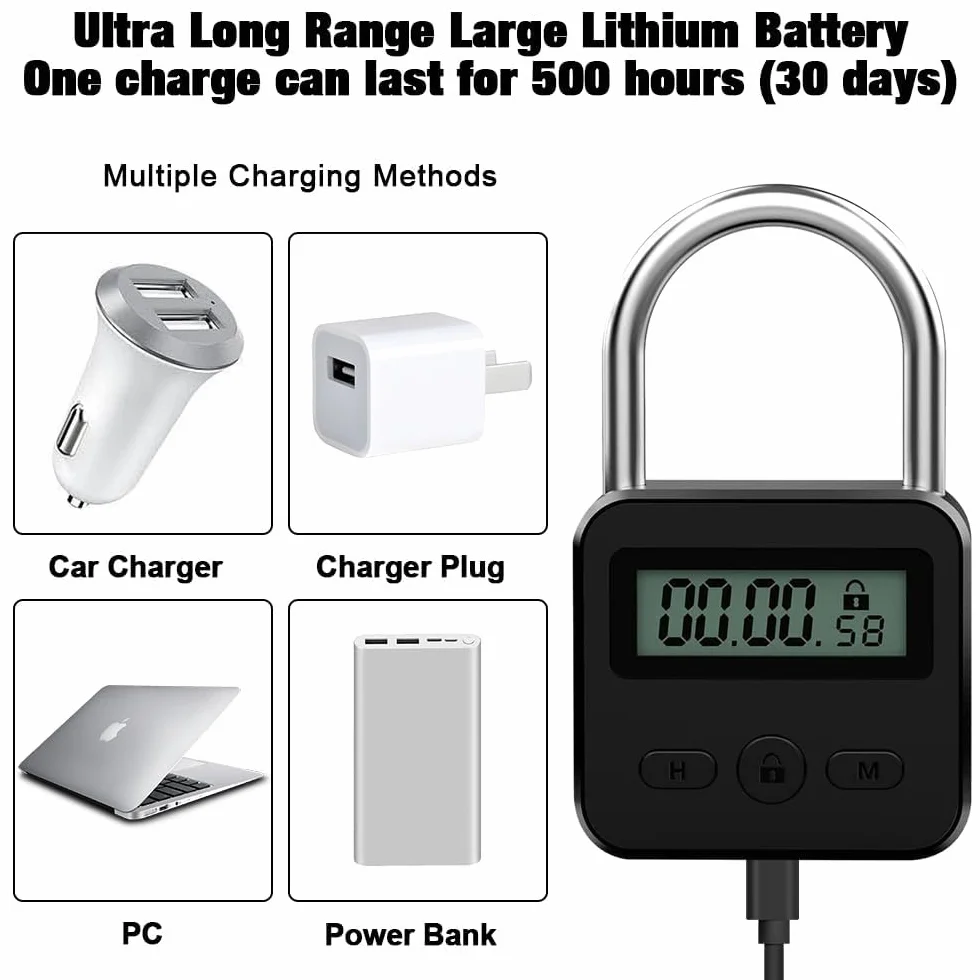 Cyfrowy zamek czasowy, Smart Time Lock z wyświetlaczem LCD, bezpieczna kłódka kuchenna, możliwość ponownego ładowania przez USB, inteligentna kłódka czasowa zapobiega złym nawykom