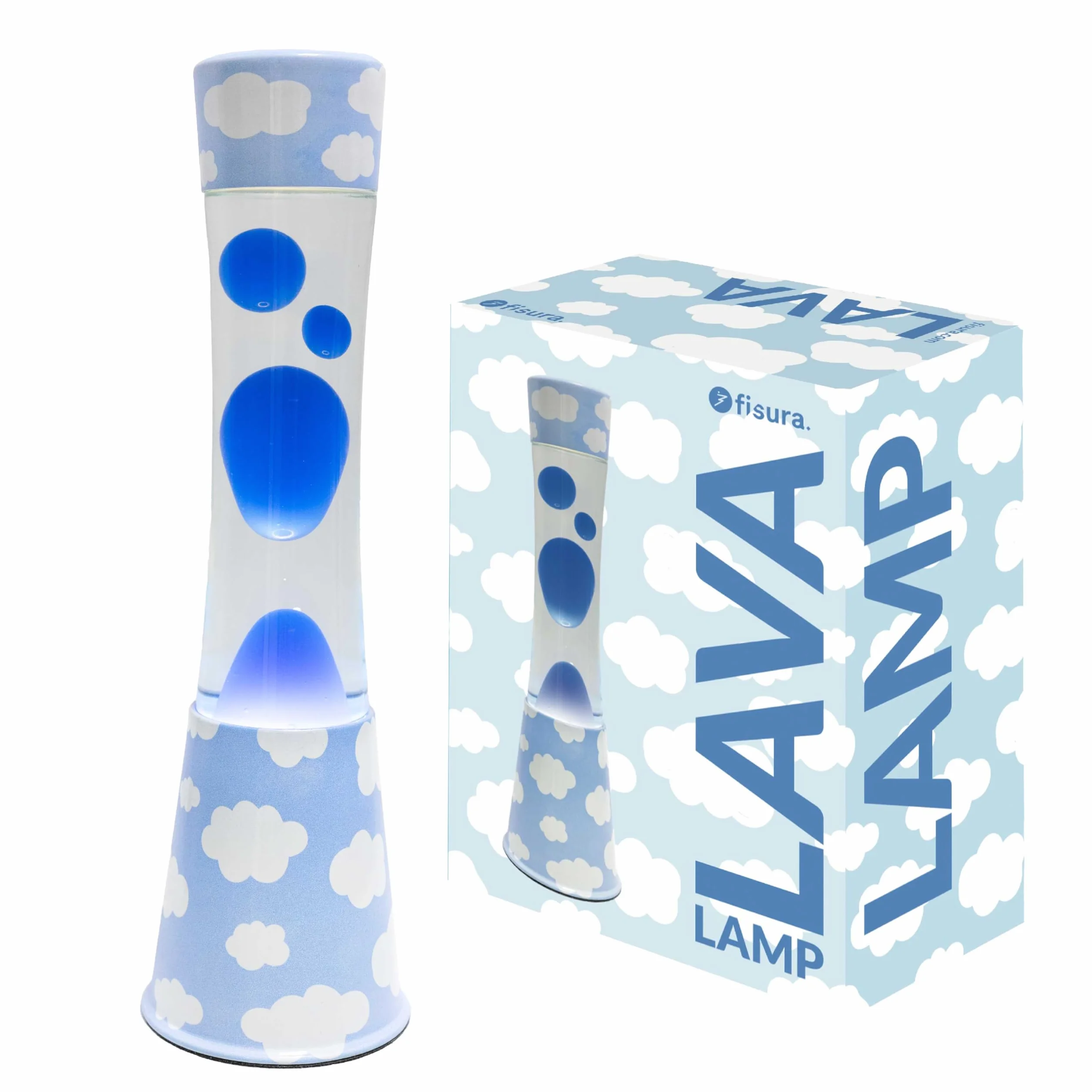 Fisura - Lampa lawa "chmury". Podstawa z nadrukiem chmur, przezroczysty płyn i niebieska lawa. Relaksujący efekt. Z zapasową żarówką. 11 cm x 11 cm x 39,5 cm.