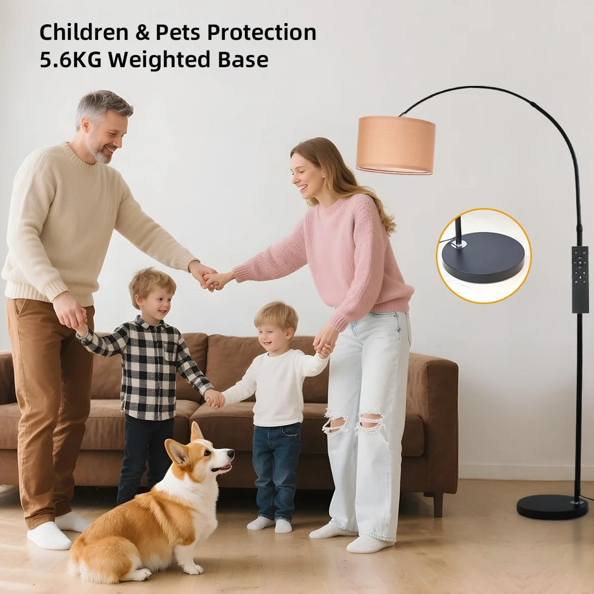 ANTENLICHT AURA Lampa łukowa z pilotem | Lampa stojąca do salonu z regulacją jasności | W zestawie żarówka LED E27 | Brązowy abażur z tkaniny 33 cm | Przełącznik nożny | Lampa łukowa w stylu vintage,