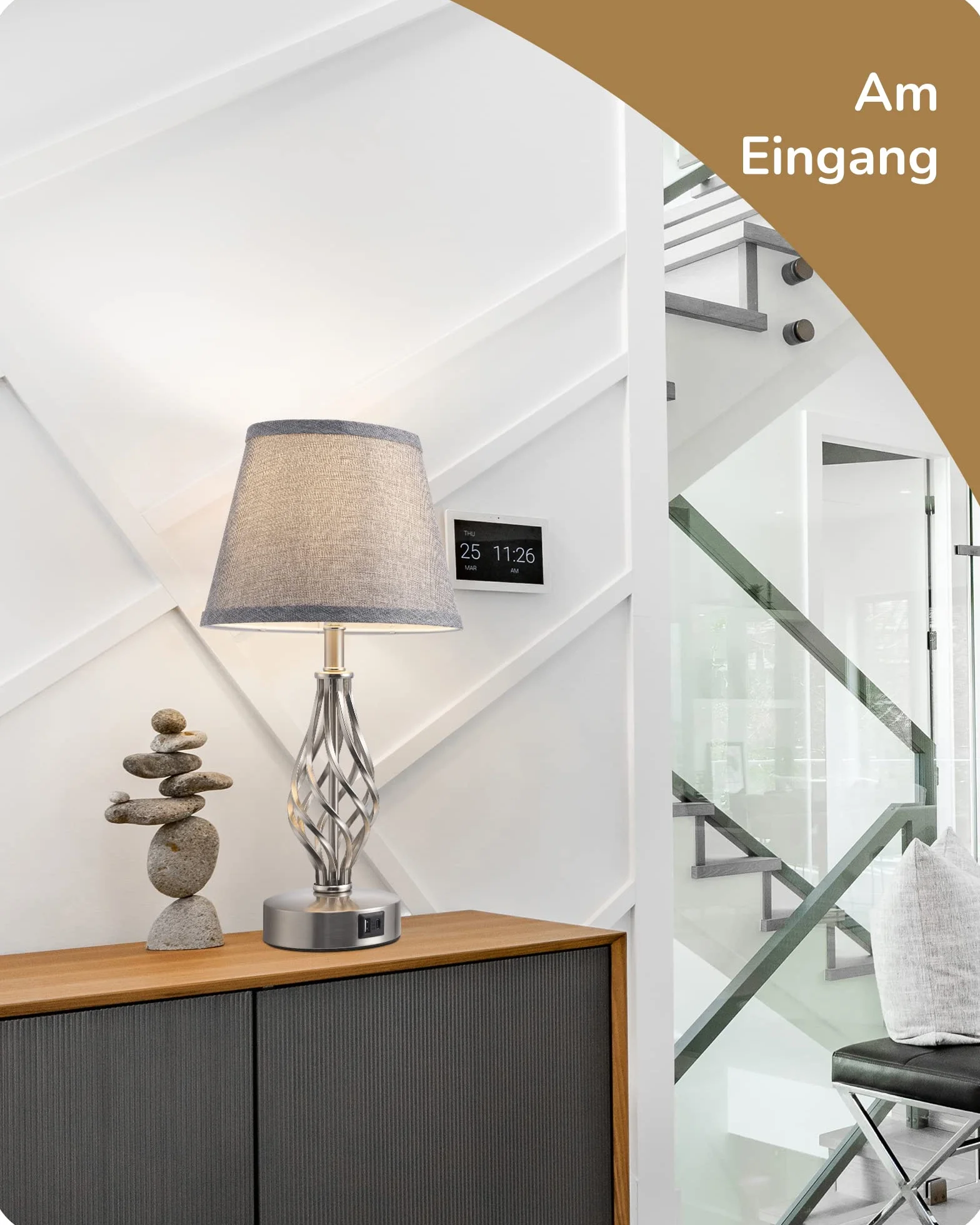 EDISHINE Lampka nocna LED, dotykowa, ściemniana, zestaw 2 szt., nowoczesna lampa stołowa z funkcją ładowania, 2 porty USB, do dekoracji sypialni, salonu, na parapet, prezent, abażur lniany, szara